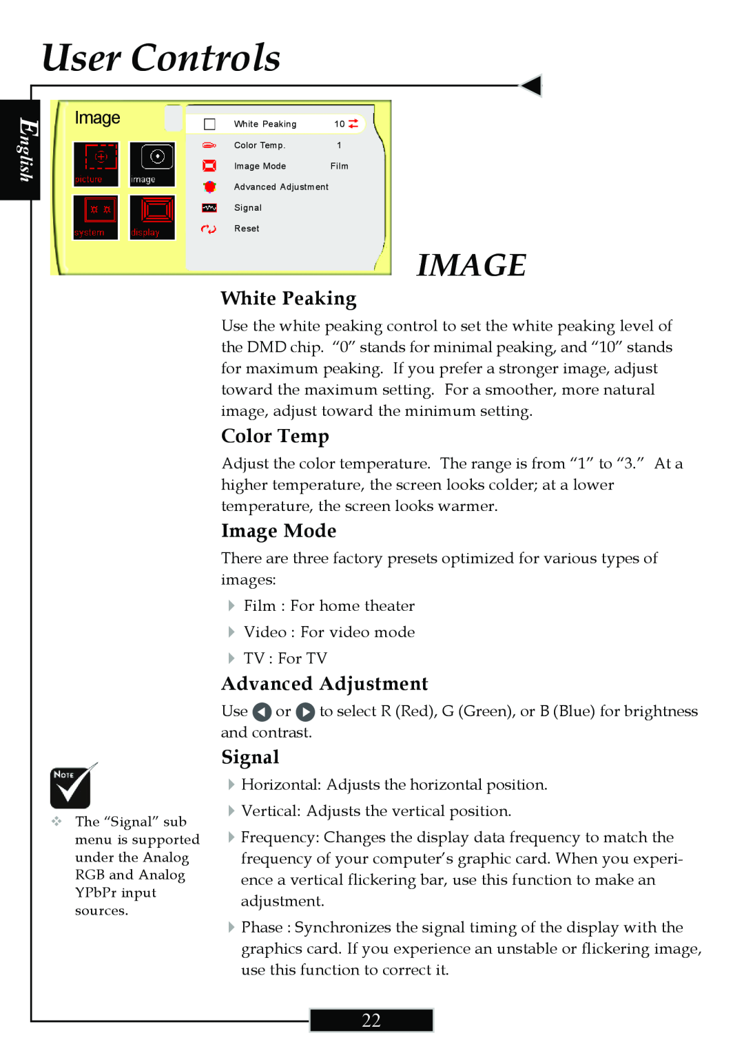 Optoma Technology H77 manual White Peaking, Color Temp, Image Mode, Advanced Adjustment, Signal, User Controls, English 