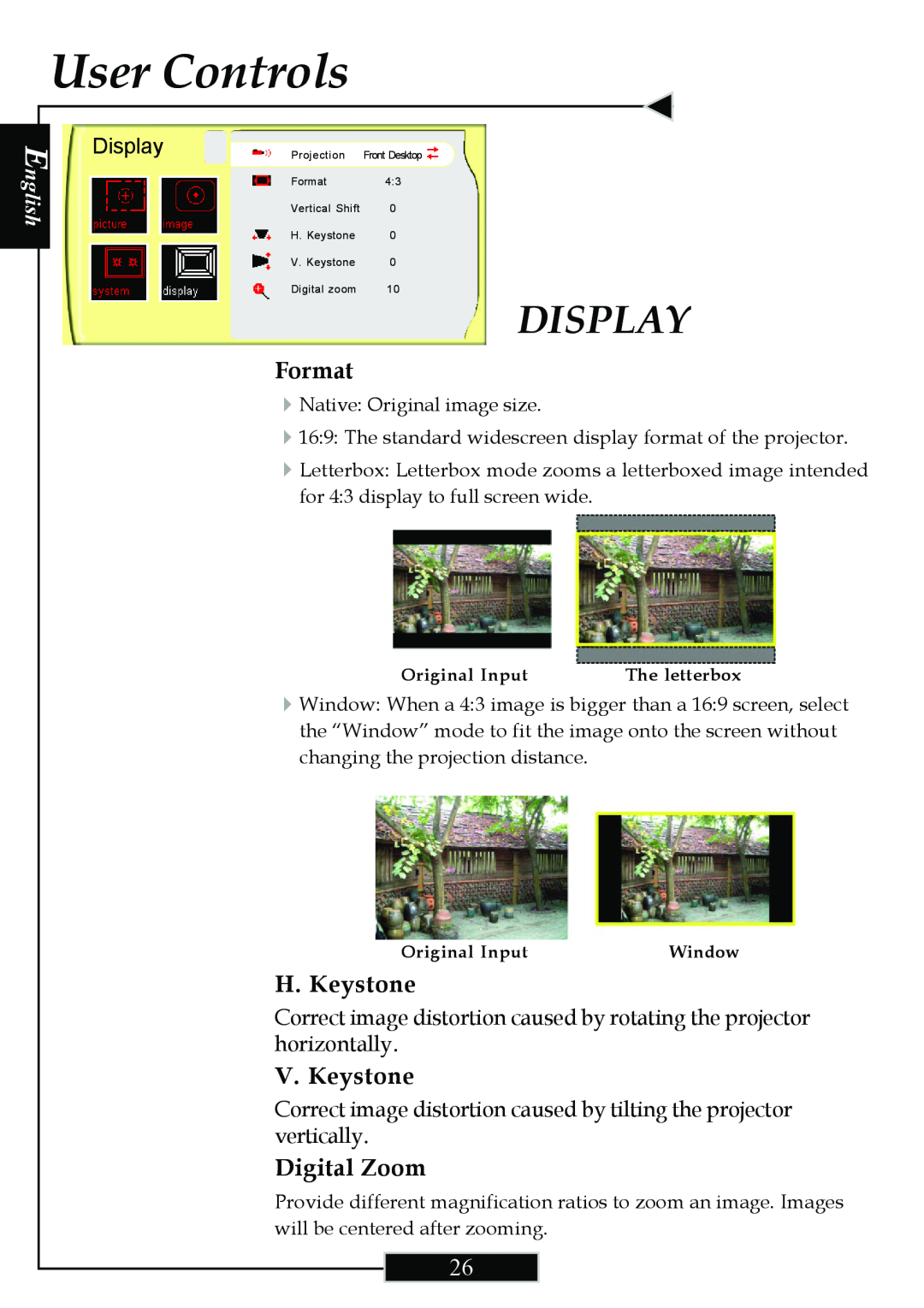 Optoma Technology H77 manual Format, H. Keystone, V. Keystone, Digital Zoom, User Controls, Display, English 