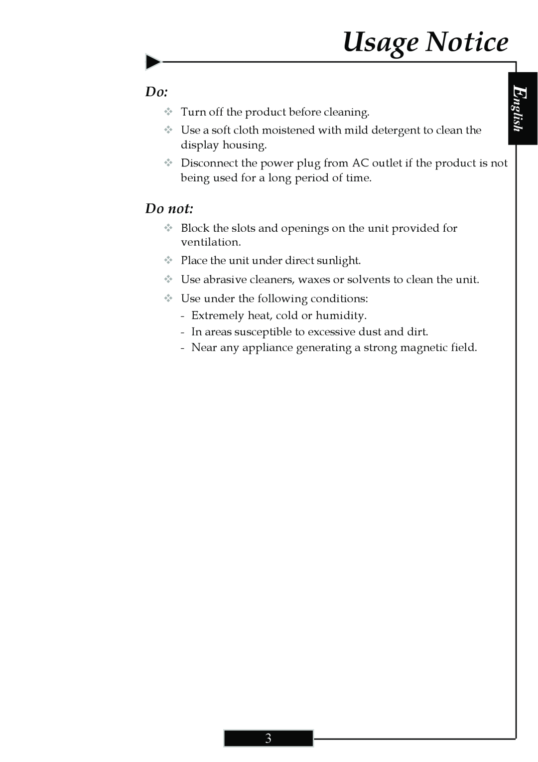 Optoma Technology H77 manual Usage Notice, Do not, English 