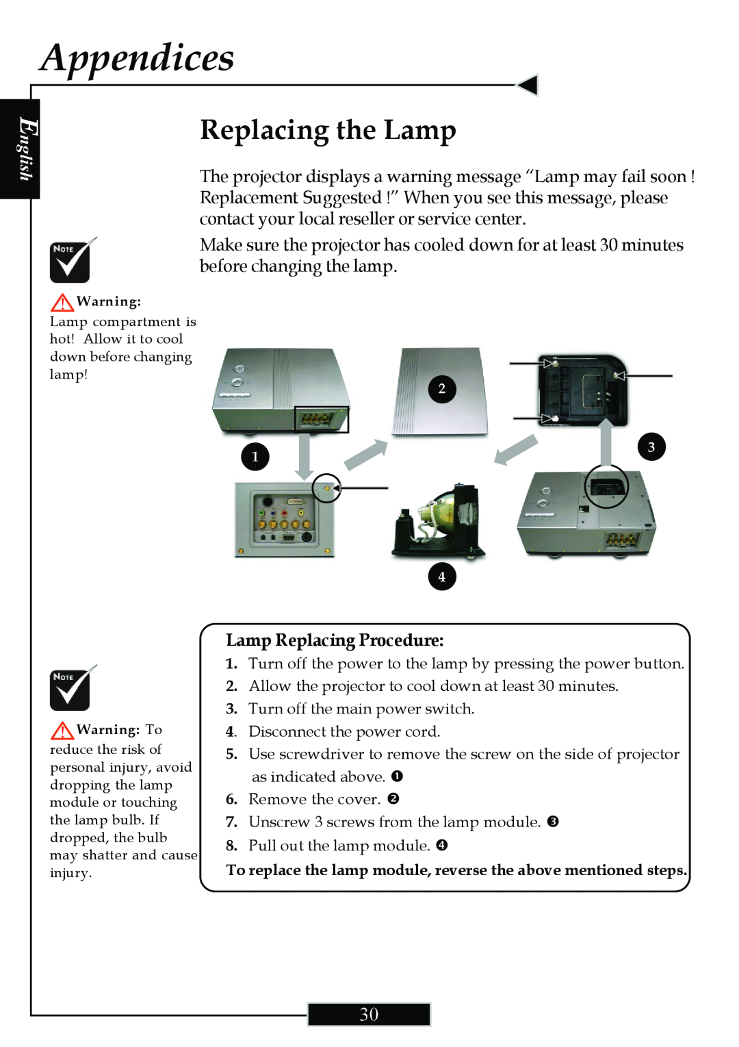Optoma Technology H77 manual Replacing the Lamp, Appendices, English, Lamp Replacing Procedure 