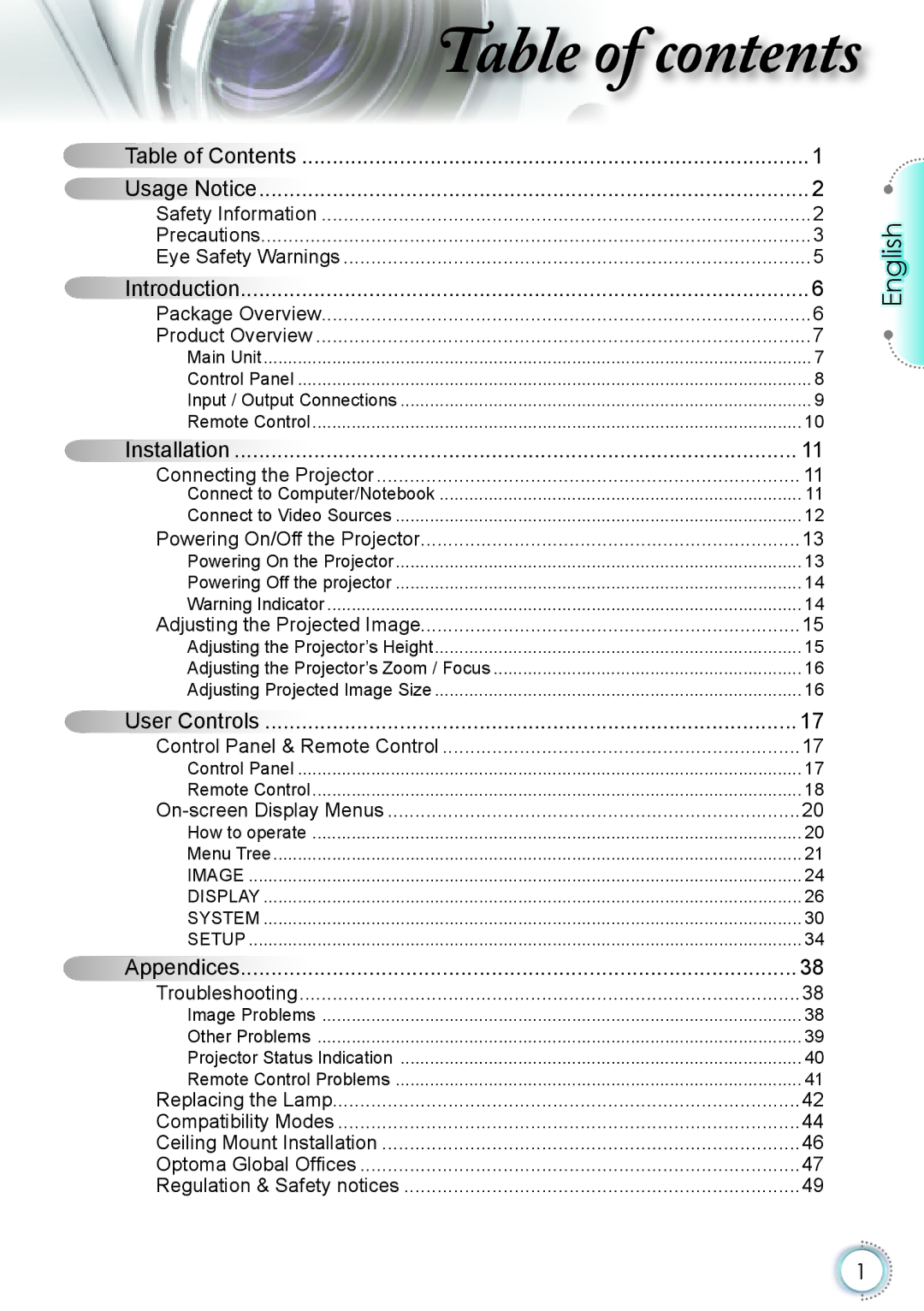 Optoma Technology HD20 manual Able of contents 