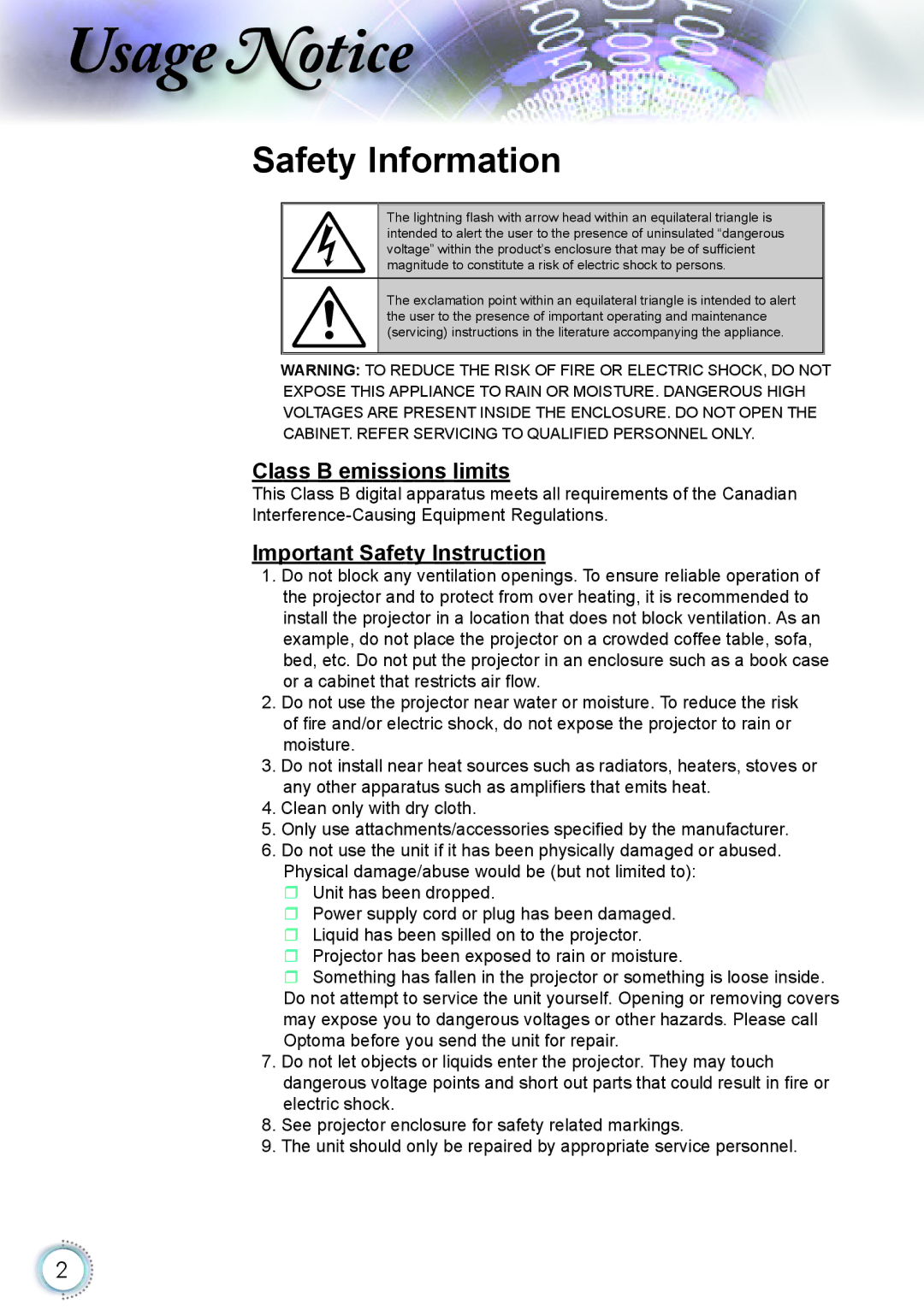 Optoma Technology HD20 manual Sage otice, Safety Information 