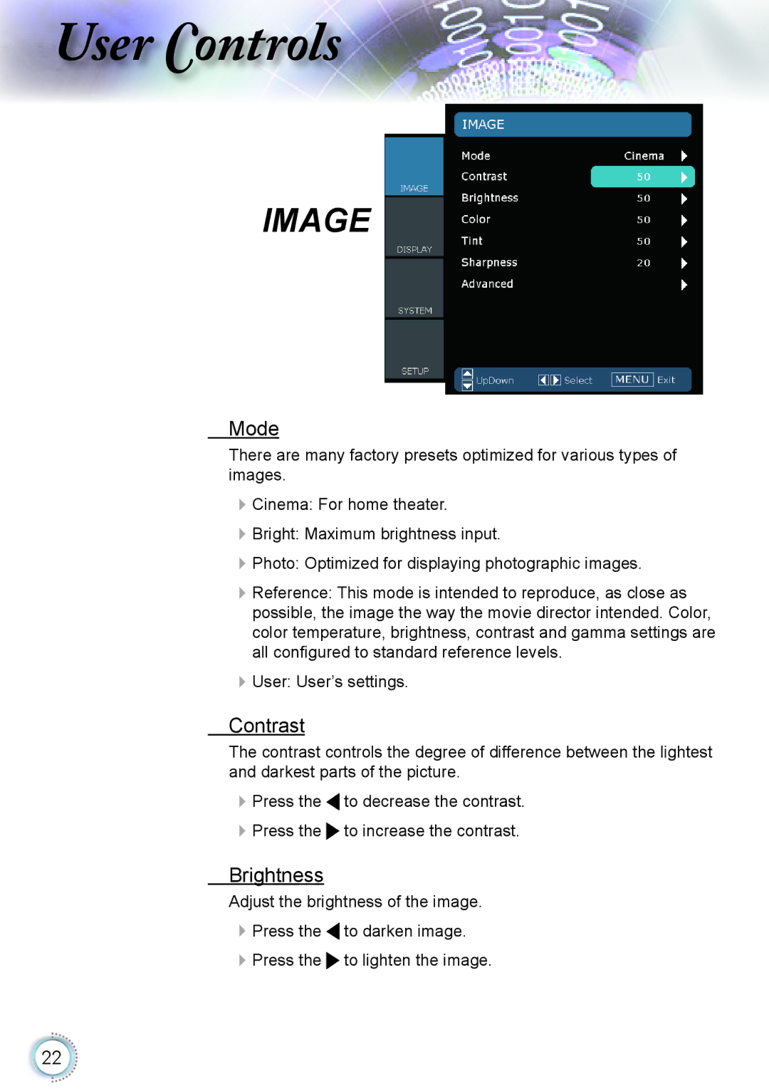 Optoma Technology HD20 manual Mode, Contrast, Brightness 