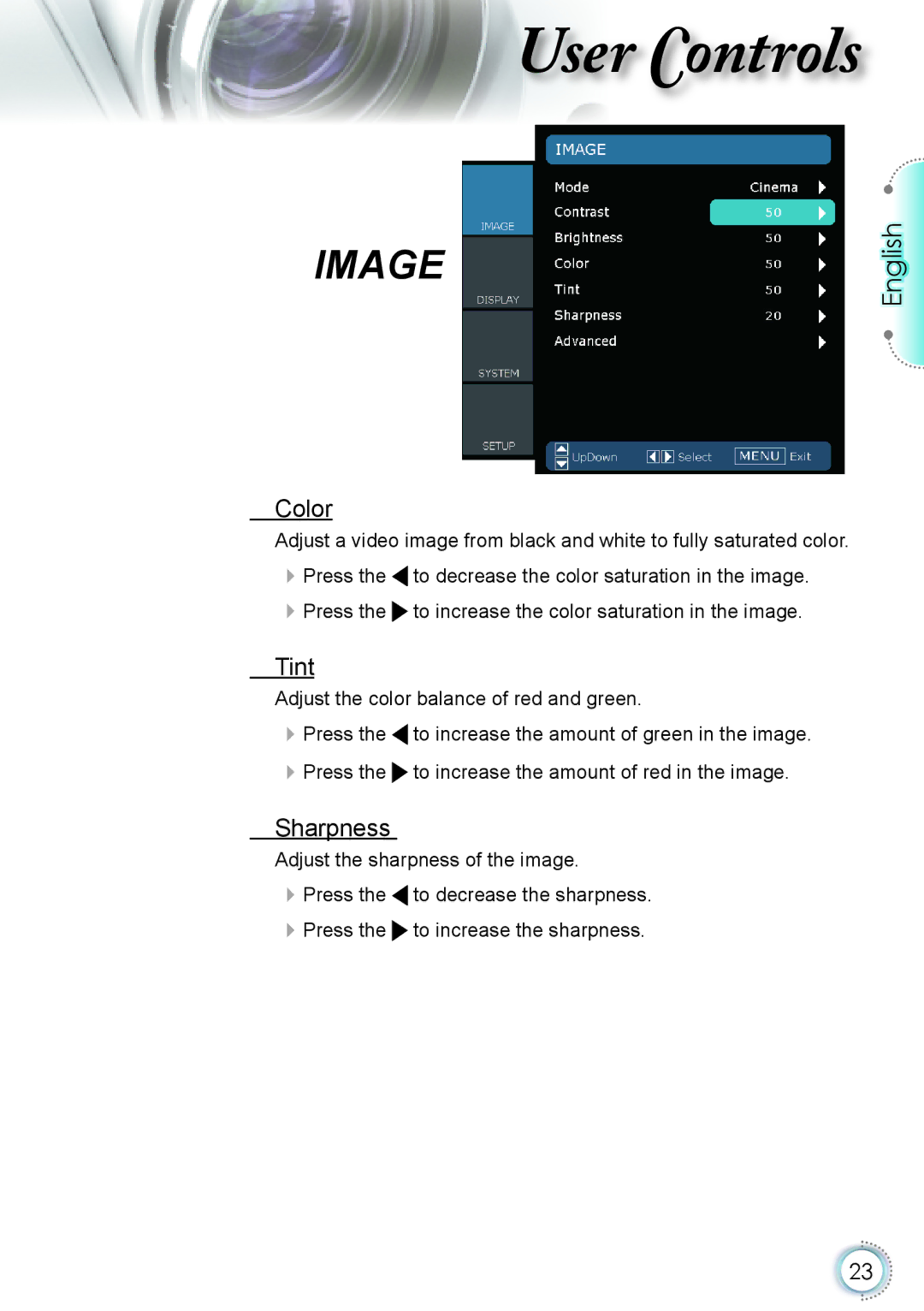 Optoma Technology HD20 manual Color, Tint, Sharpness 