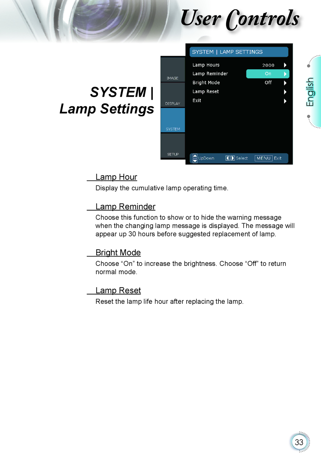 Optoma Technology HD20 manual Lamp Hour, Lamp Reminder, Bright Mode, Lamp Reset 