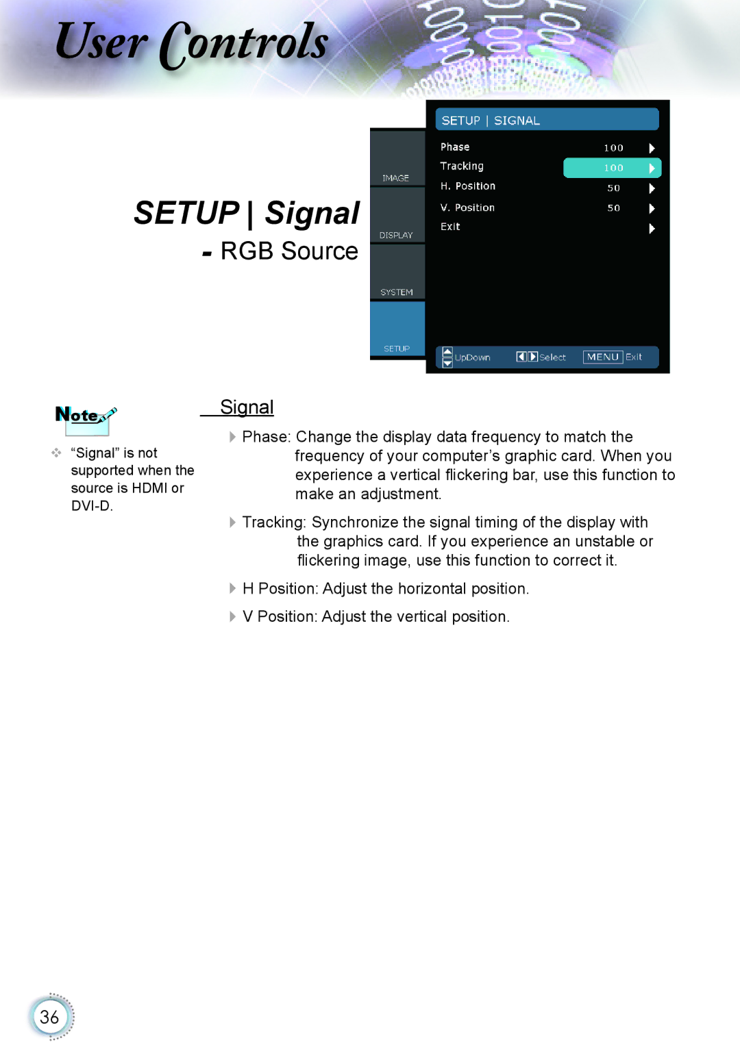 Optoma Technology HD20 manual Setup Signal 