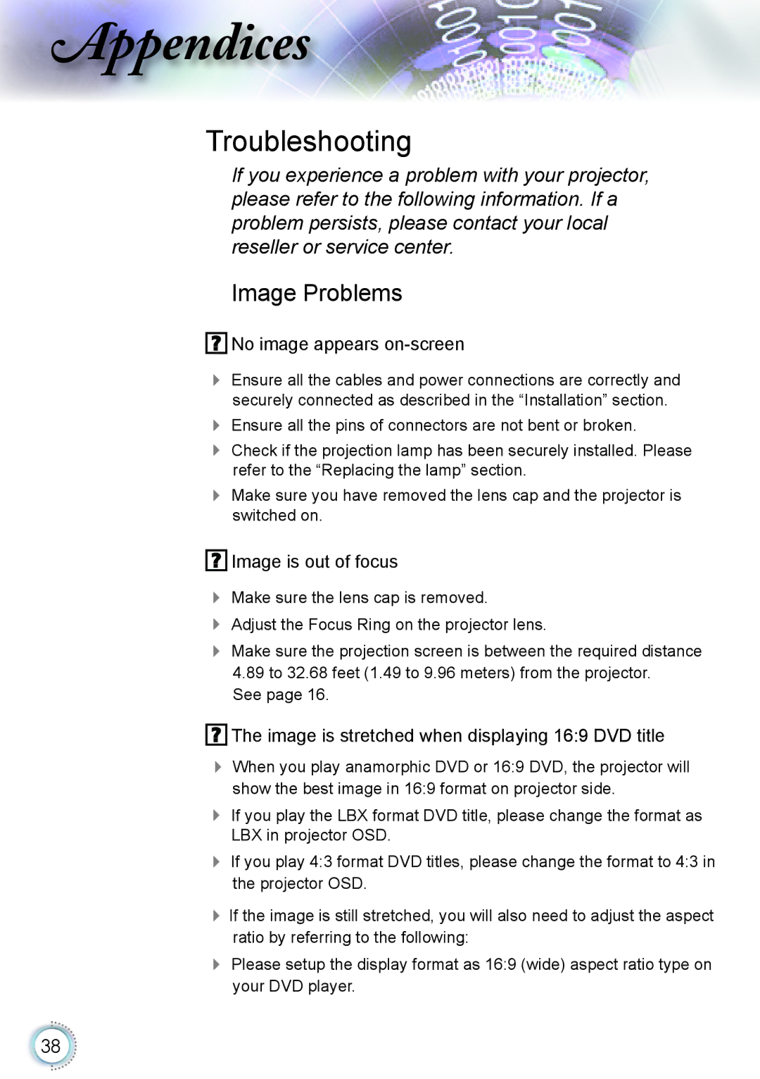 Optoma Technology HD20 manual Ppendices, Image Problems 