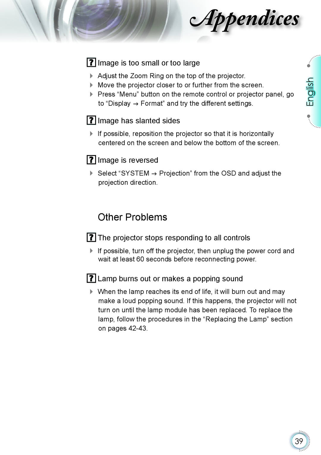 Optoma Technology HD20 manual Other Problems, Image is too small or too large 