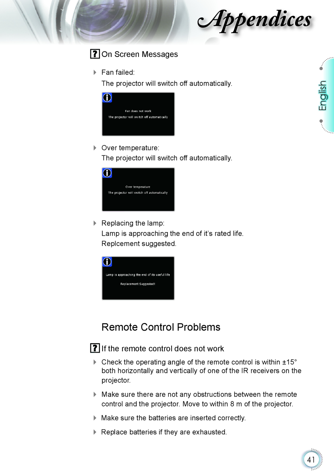 Optoma Technology HD20 manual Remote Control Problems, On Screen Messages 