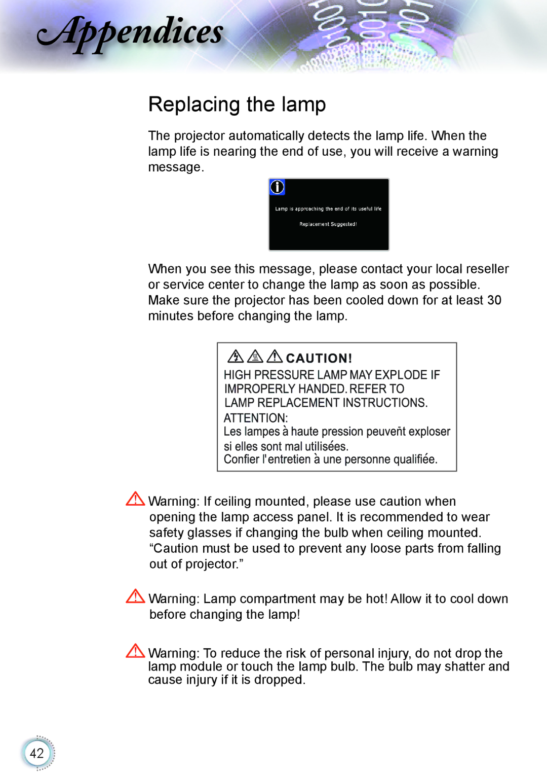 Optoma Technology HD20 manual Replacing the lamp 