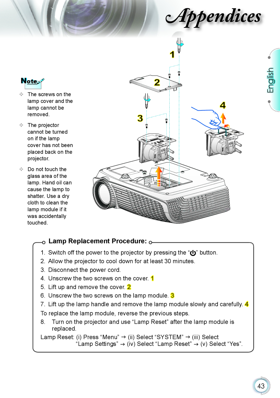 Optoma Technology HD20 manual Lamp Replacement Procedure 