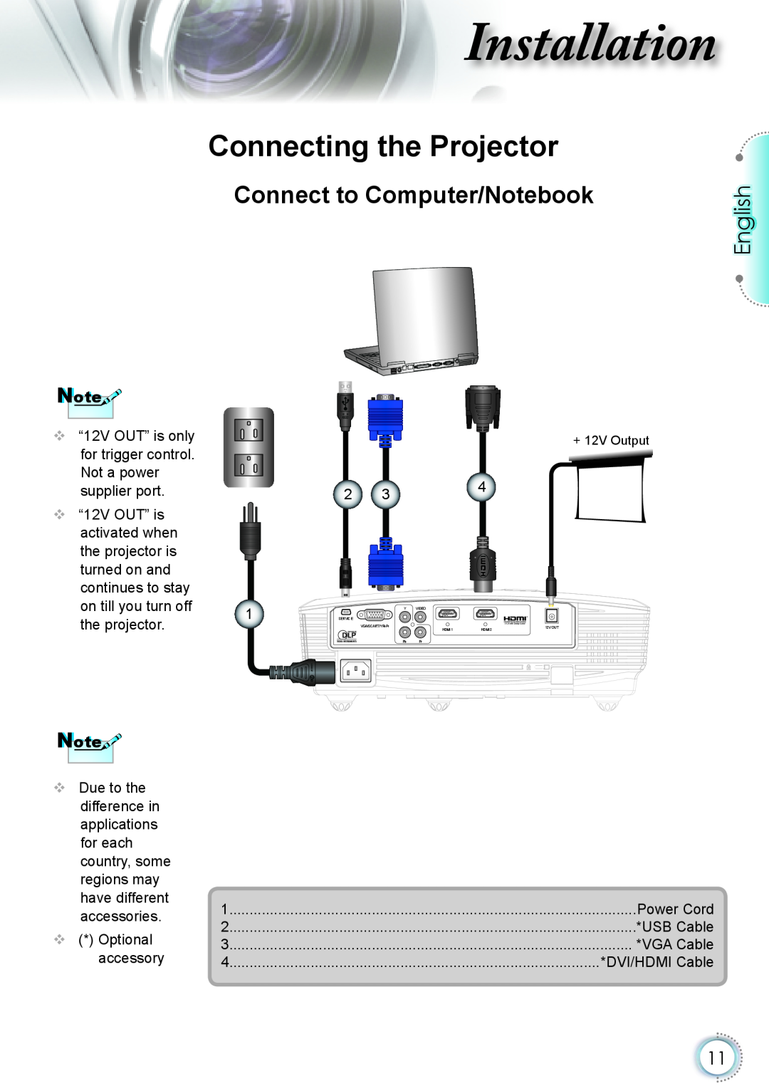 Optoma Technology HD20 manual nstallation, Connecting the Projector, Connect to Computer/Notebook, English 