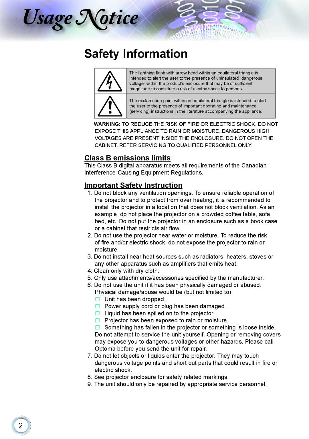 Optoma Technology HD20 manual sage otice, Safety Information, Class B emissions limits, Important Safety Instruction 