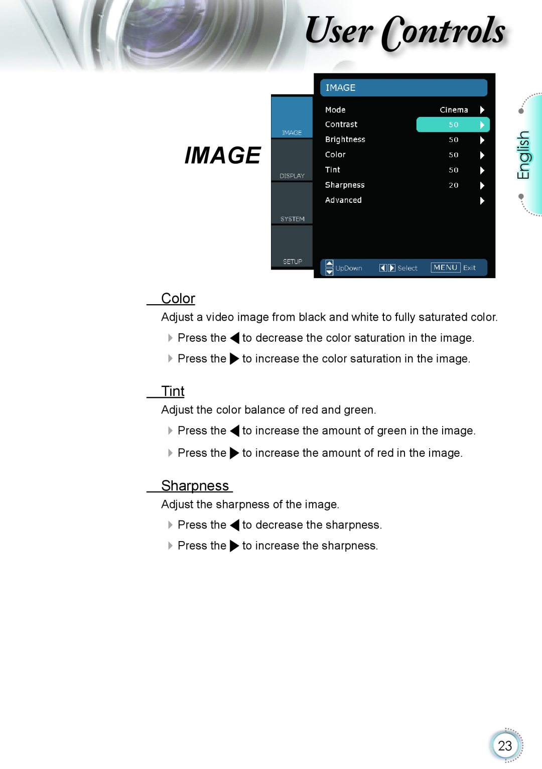 Optoma Technology HD20 manual Color, Tint, Sharpness, ser ontrols, Image, English 