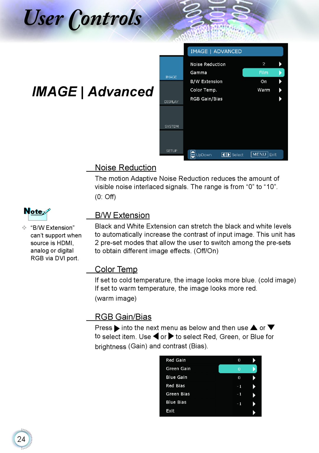 Optoma Technology HD20 manual IMAGE | Advanced, Noise Reduction, B/W Extension, Color Temp, RGB Gain/Bias, ser ontrols 