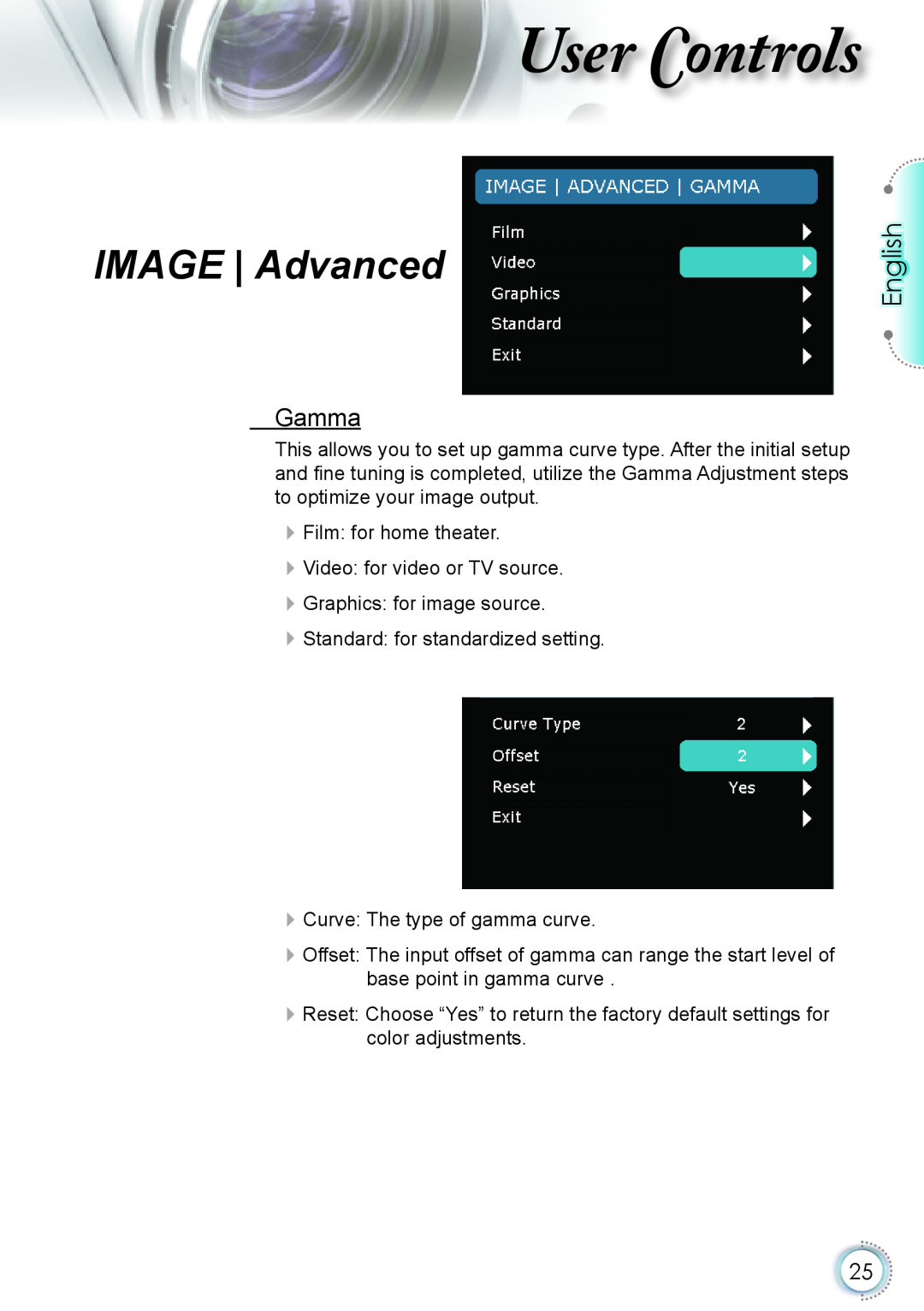 Optoma Technology HD20 manual Gamma, ser ontrols, IMAGE | Advanced, English 