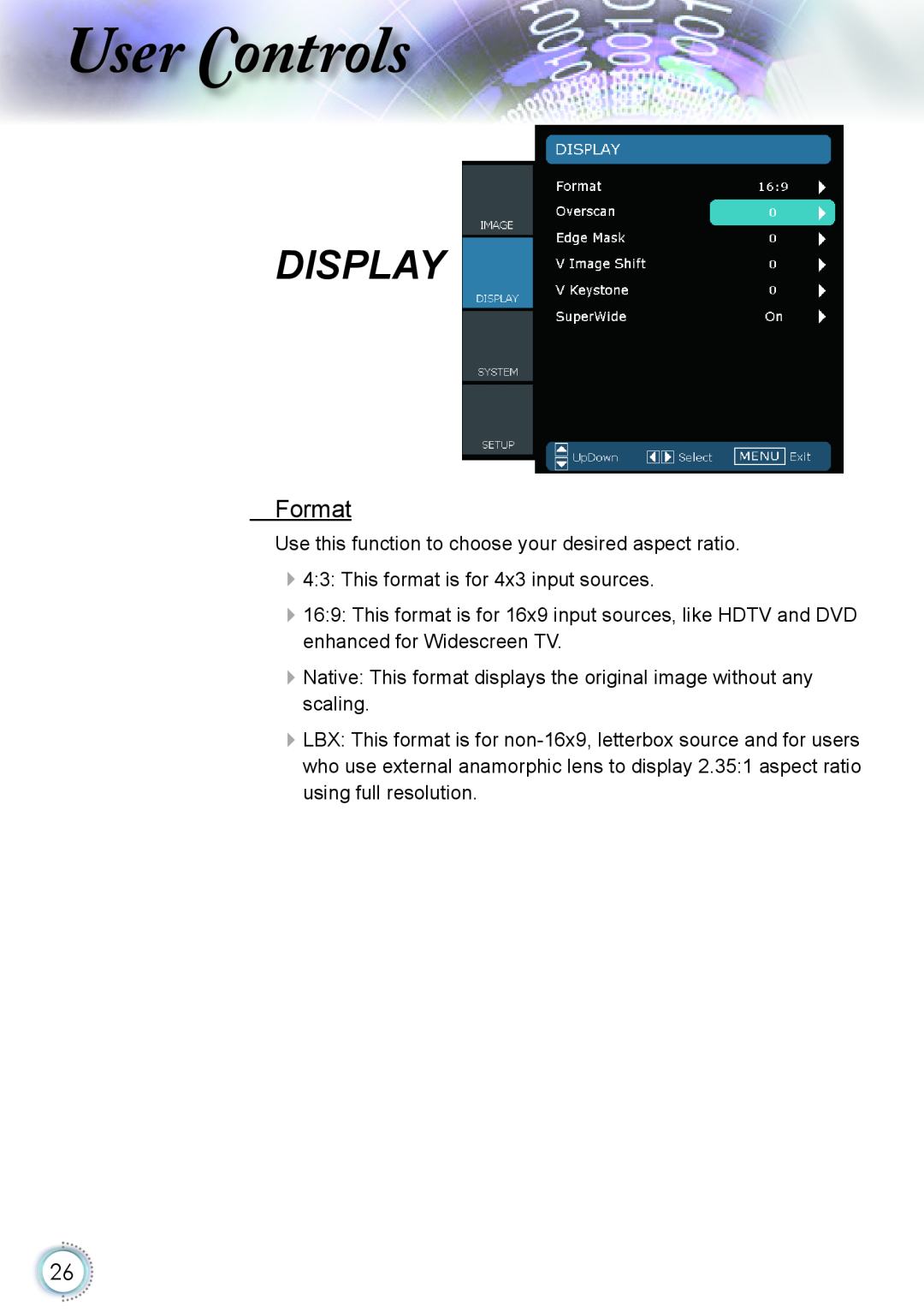 Optoma Technology HD20 manual Display, Format, ser ontrols 