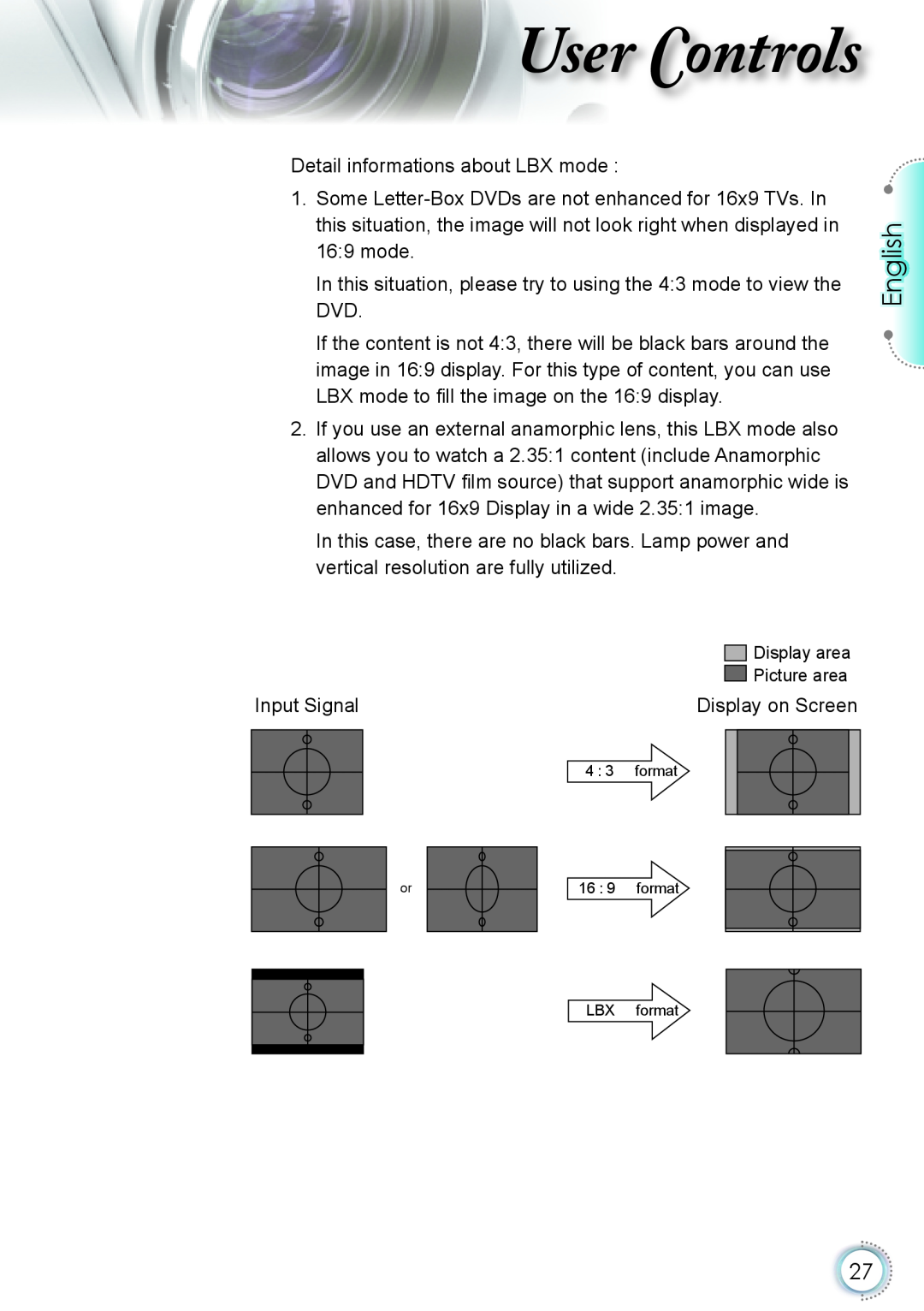 Optoma Technology HD20 manual ser ontrols, English, Detail informations about LBX mode 