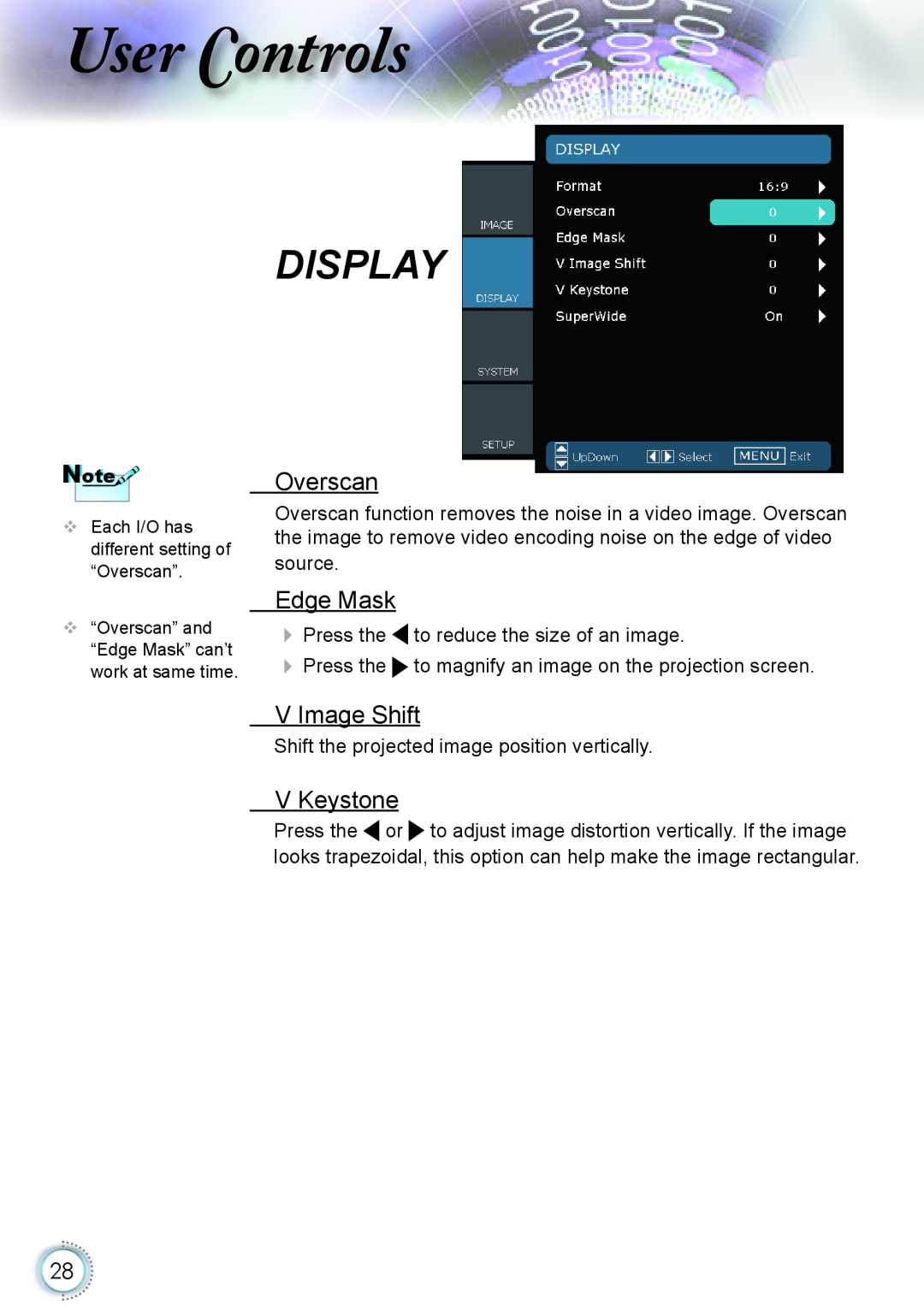 Optoma Technology HD20 manual Overscan, Edge Mask, V Image Shift, V Keystone, ser ontrols, Display 