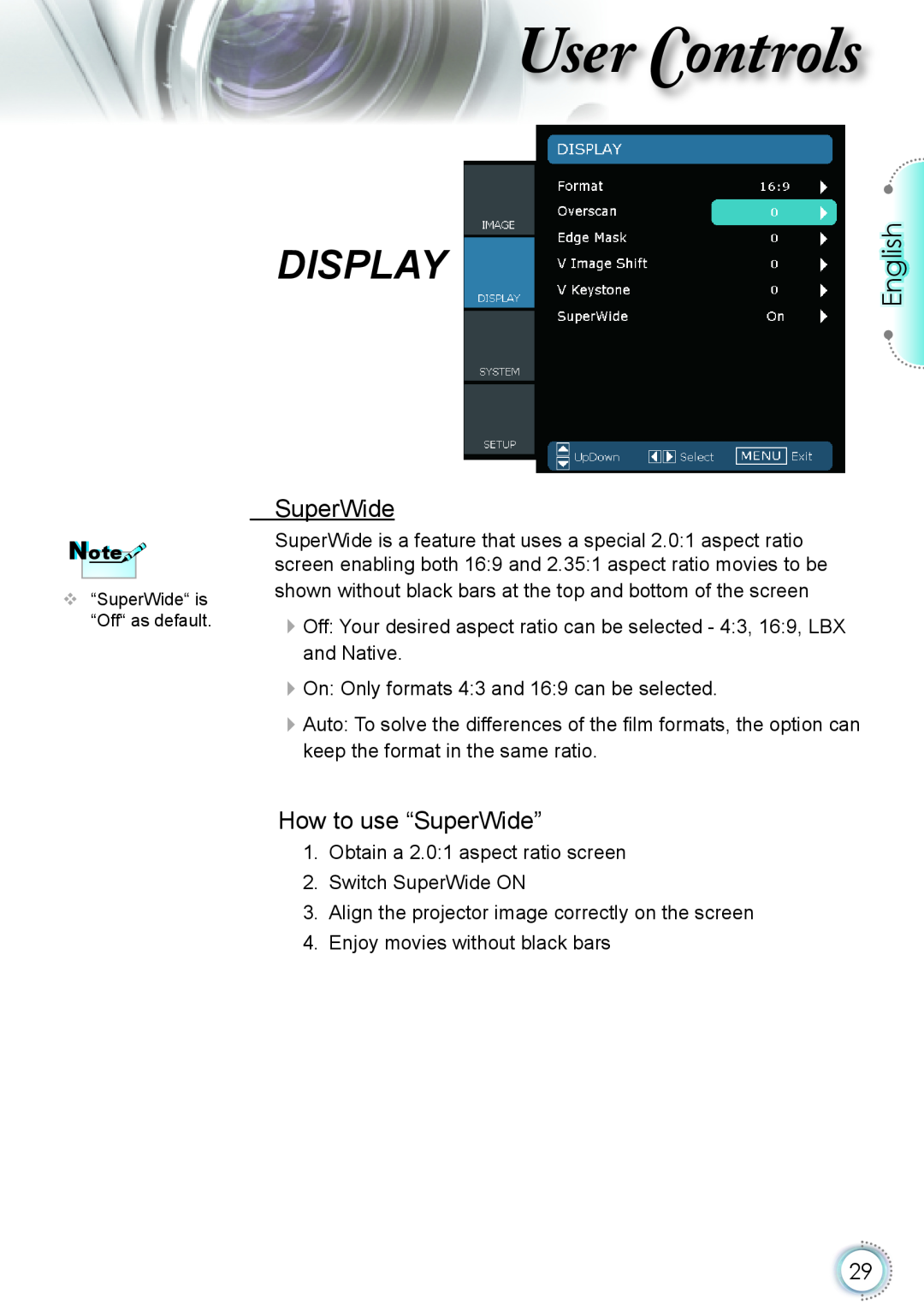 Optoma Technology HD20 manual How to use “SuperWide”, ser ontrols, Display, English 