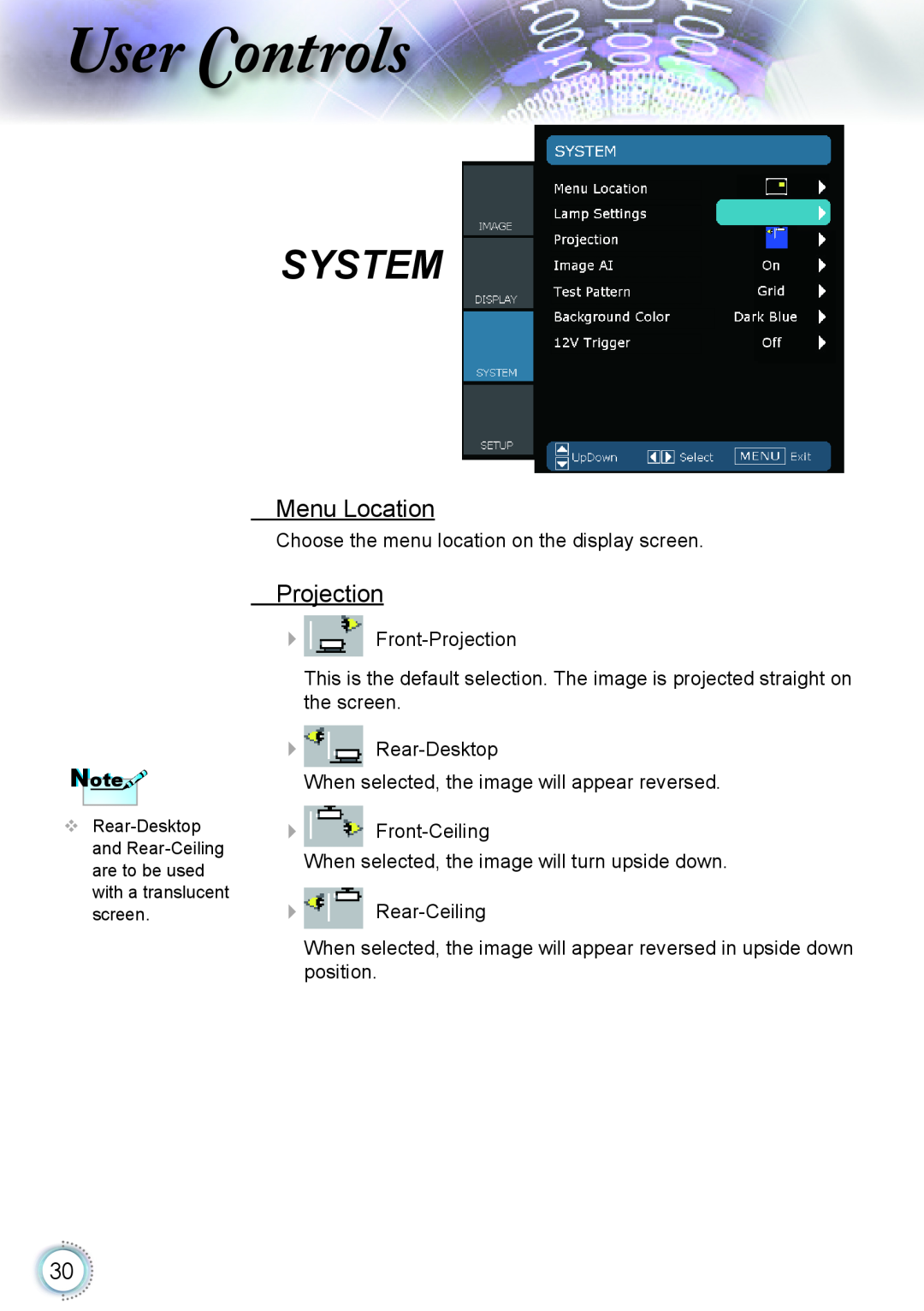 Optoma Technology HD20 manual System, Menu Location, Projection, ser ontrols 