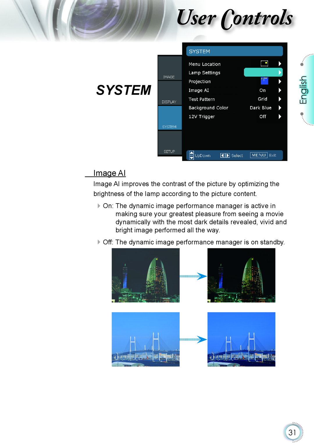 Optoma Technology HD20 manual Image AI, ser ontrols, System, English 
