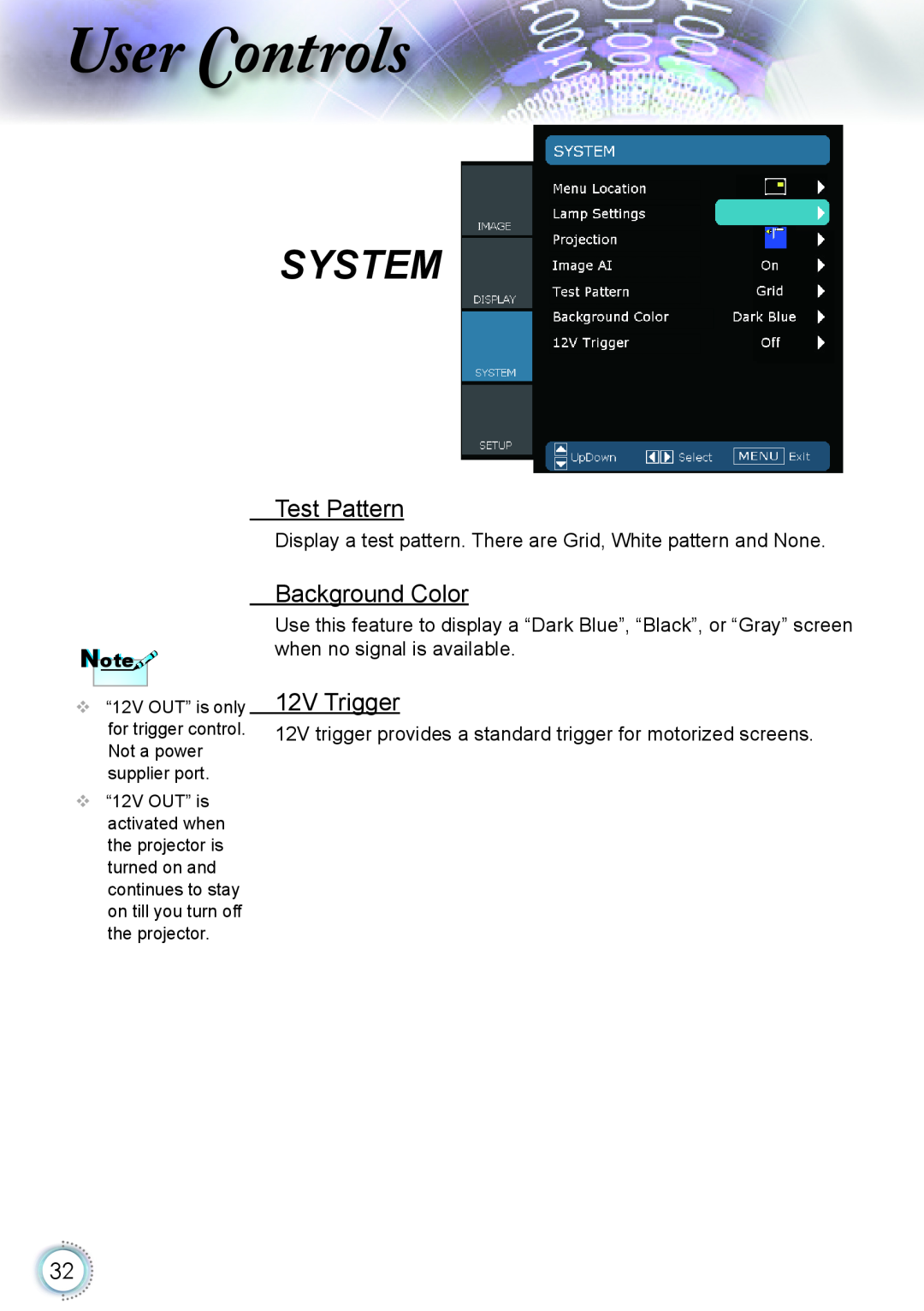 Optoma Technology HD20 manual Test Pattern, Background Color, 12V Trigger, ser ontrols, System 