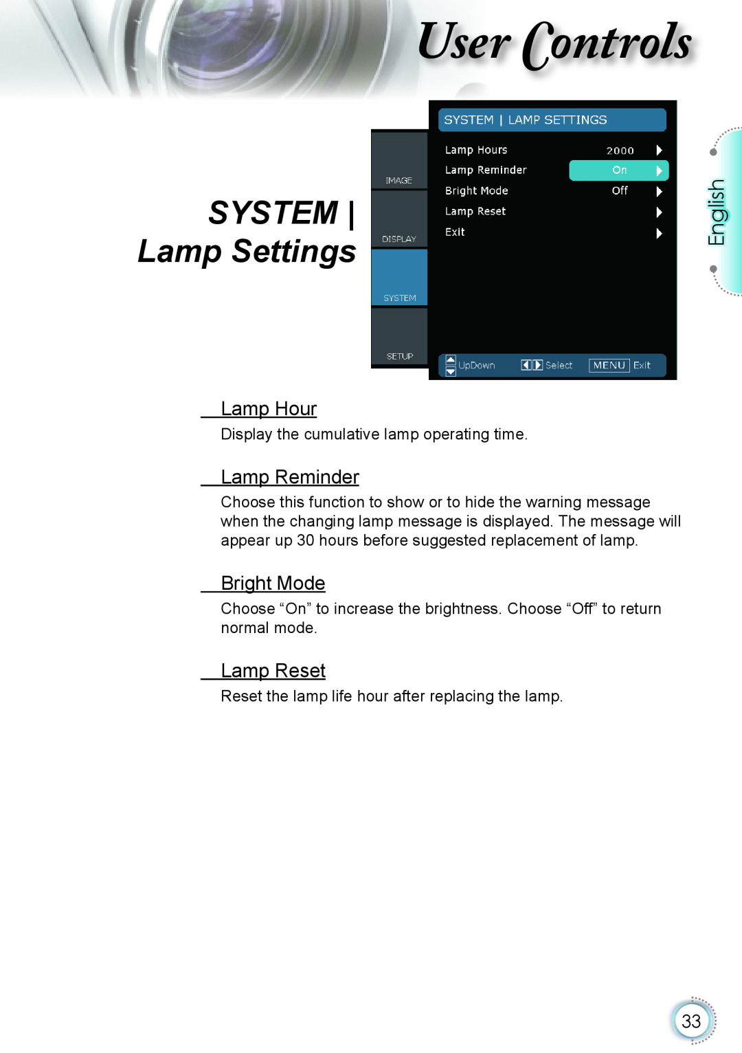 Optoma Technology HD20 SYSTEM | Lamp Settings, Lamp Hour, Lamp Reminder, Bright Mode, Lamp Reset, ser ontrols, English 