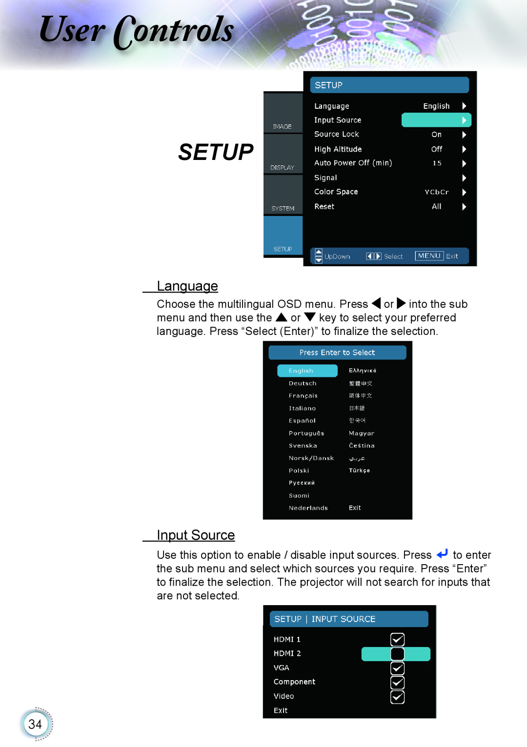 Optoma Technology HD20 manual Setup, Language, Input Source, ser ontrols 