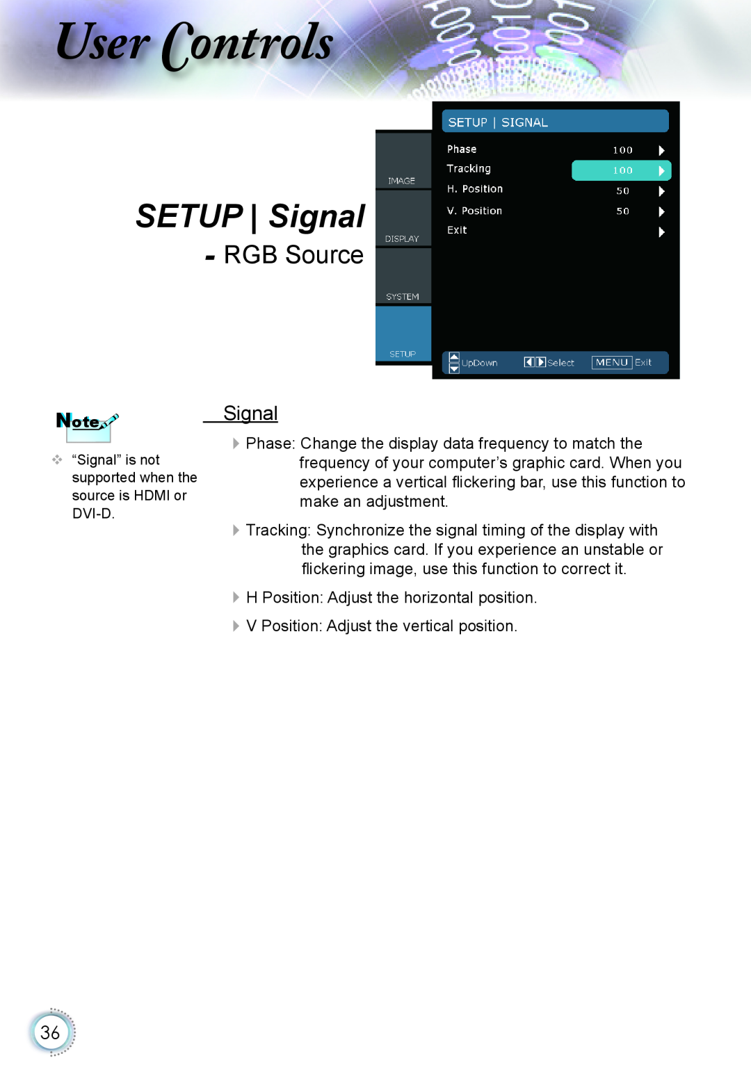 Optoma Technology HD20 manual SETUP | Signal, RGB Source, ser ontrols 
