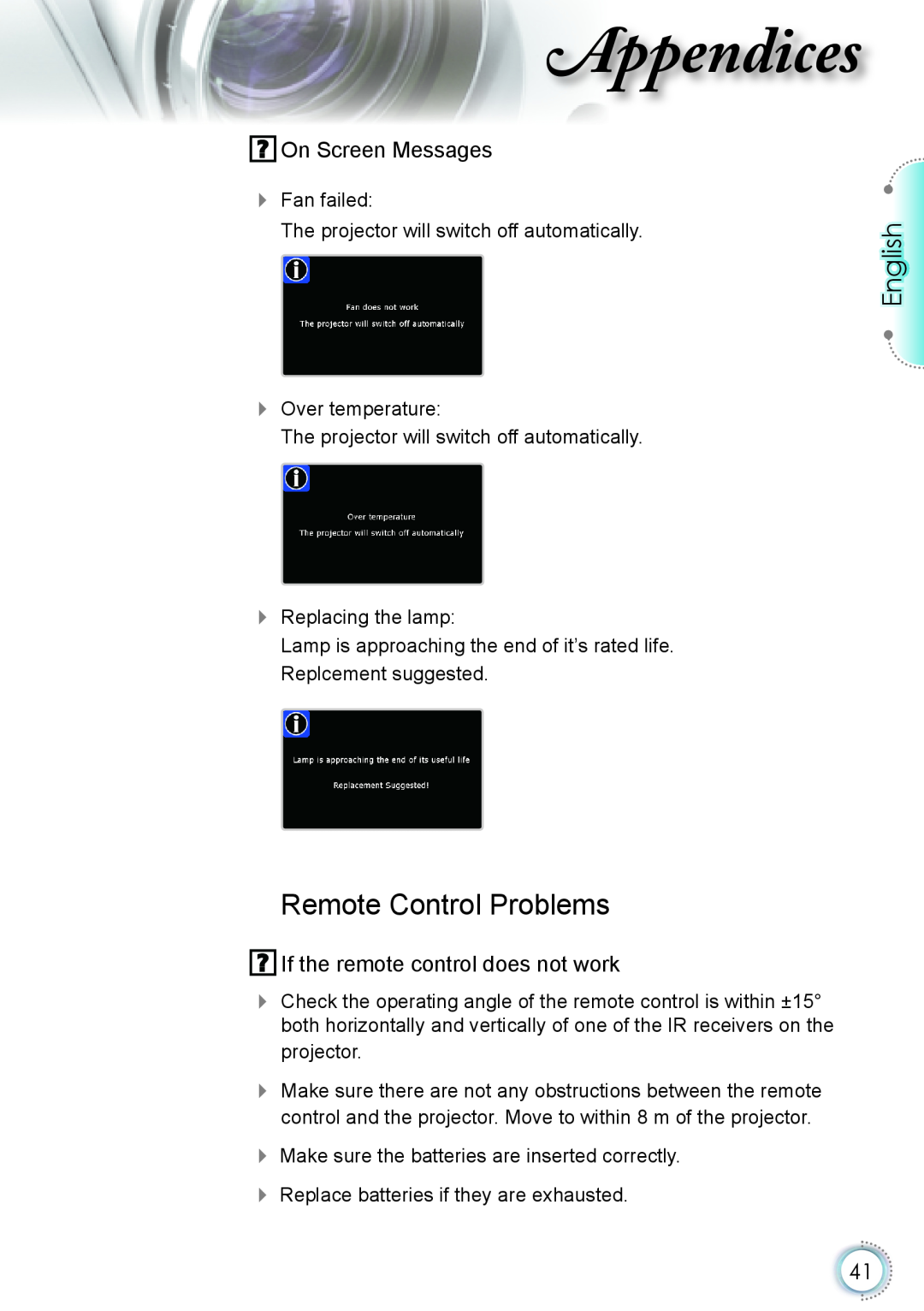 Optoma Technology HD20 manual Remote Control Problems, ppendices, English, On Screen Messages 