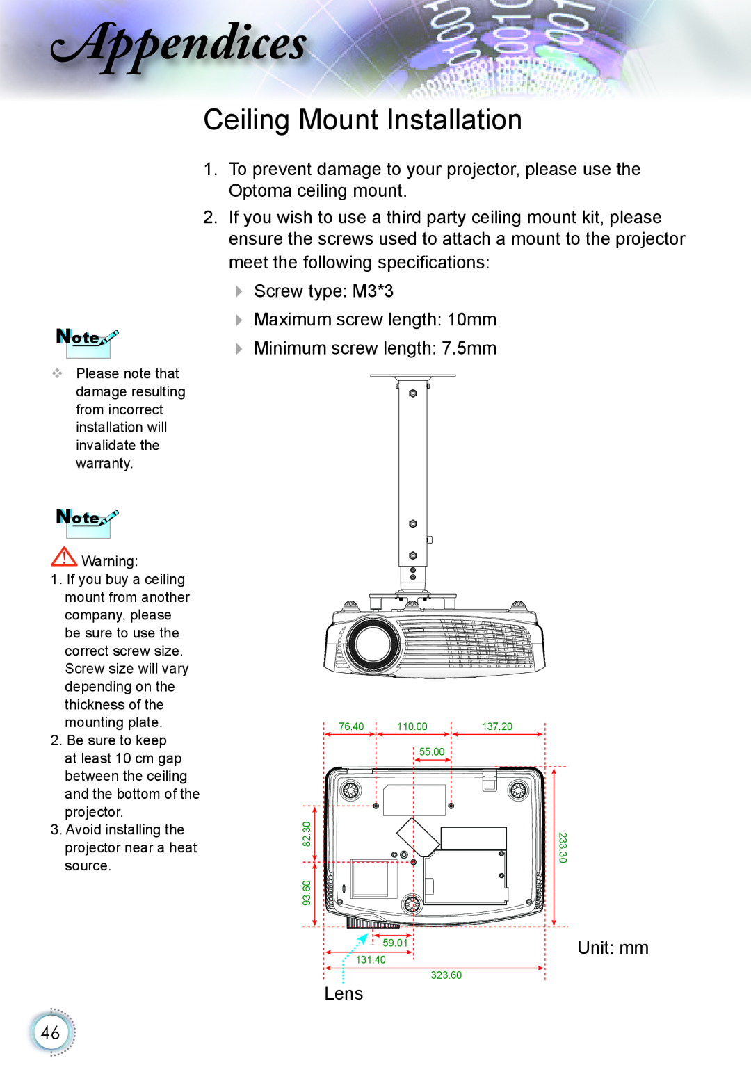 Optoma Technology HD20 manual Ceiling Mount Installation, ppendices, Unit: mm 