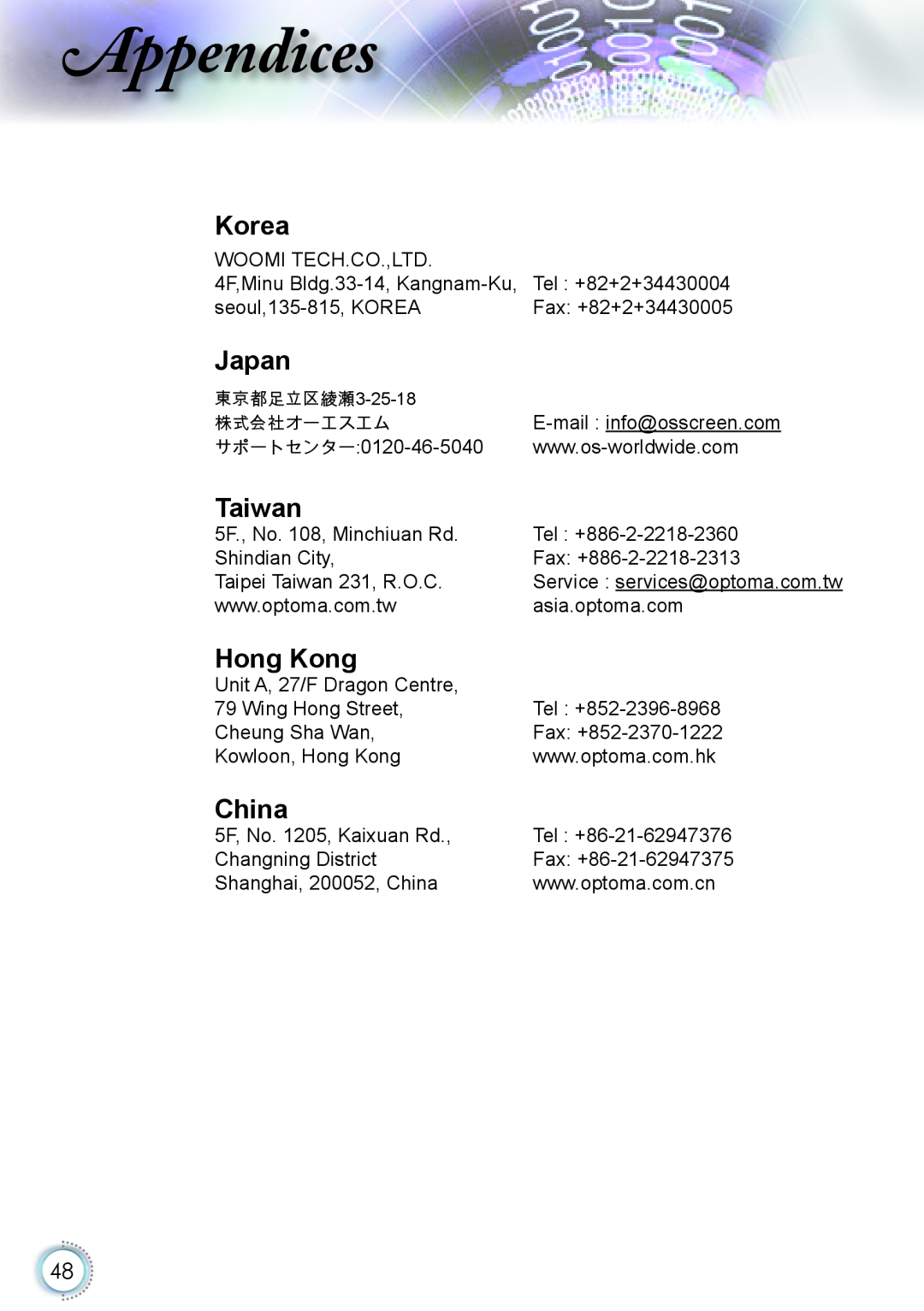 Optoma Technology HD20 manual Korea, Japan, Taiwan, Hong Kong, China, ppendices 