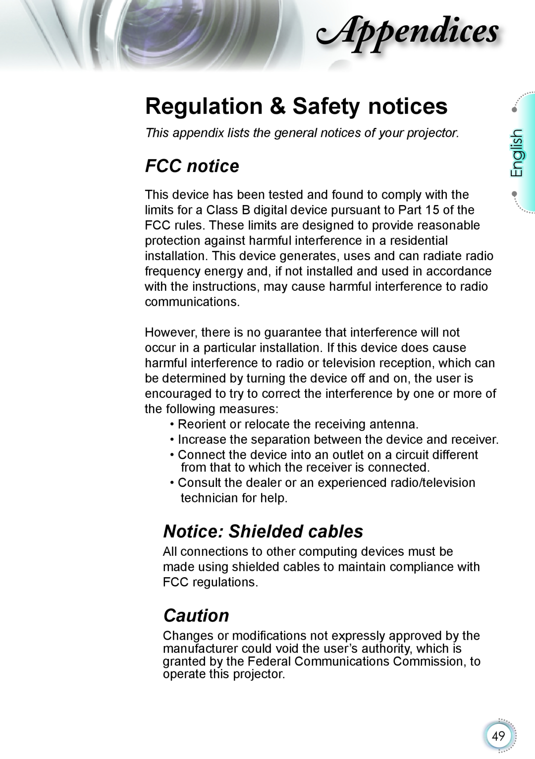 Optoma Technology HD20 manual FCC notice, Notice: Shielded cables, ppendices, Regulation & Safety notices, English 