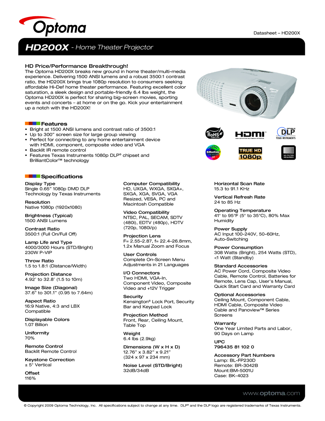 Optoma Technology specifications HD200X Home Theater Projector, HD Price/Performance Breakthrough, Features 