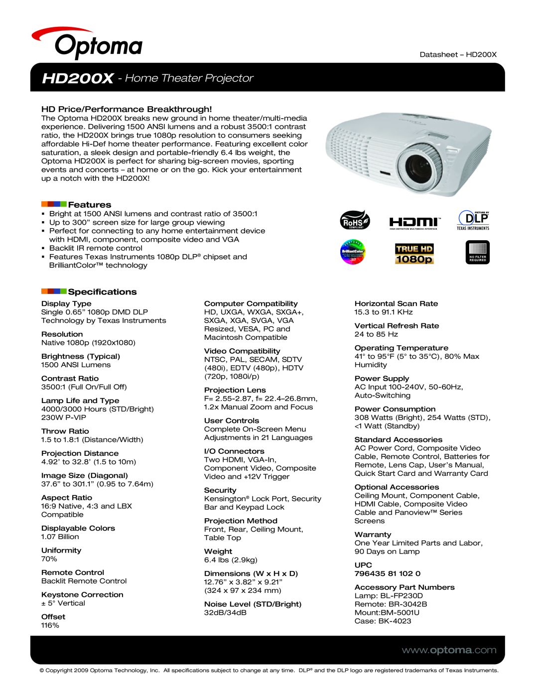 Optoma Technology specifications HD200X - Home Theater Projector, HD Price/Performance Breakthrough, Features 