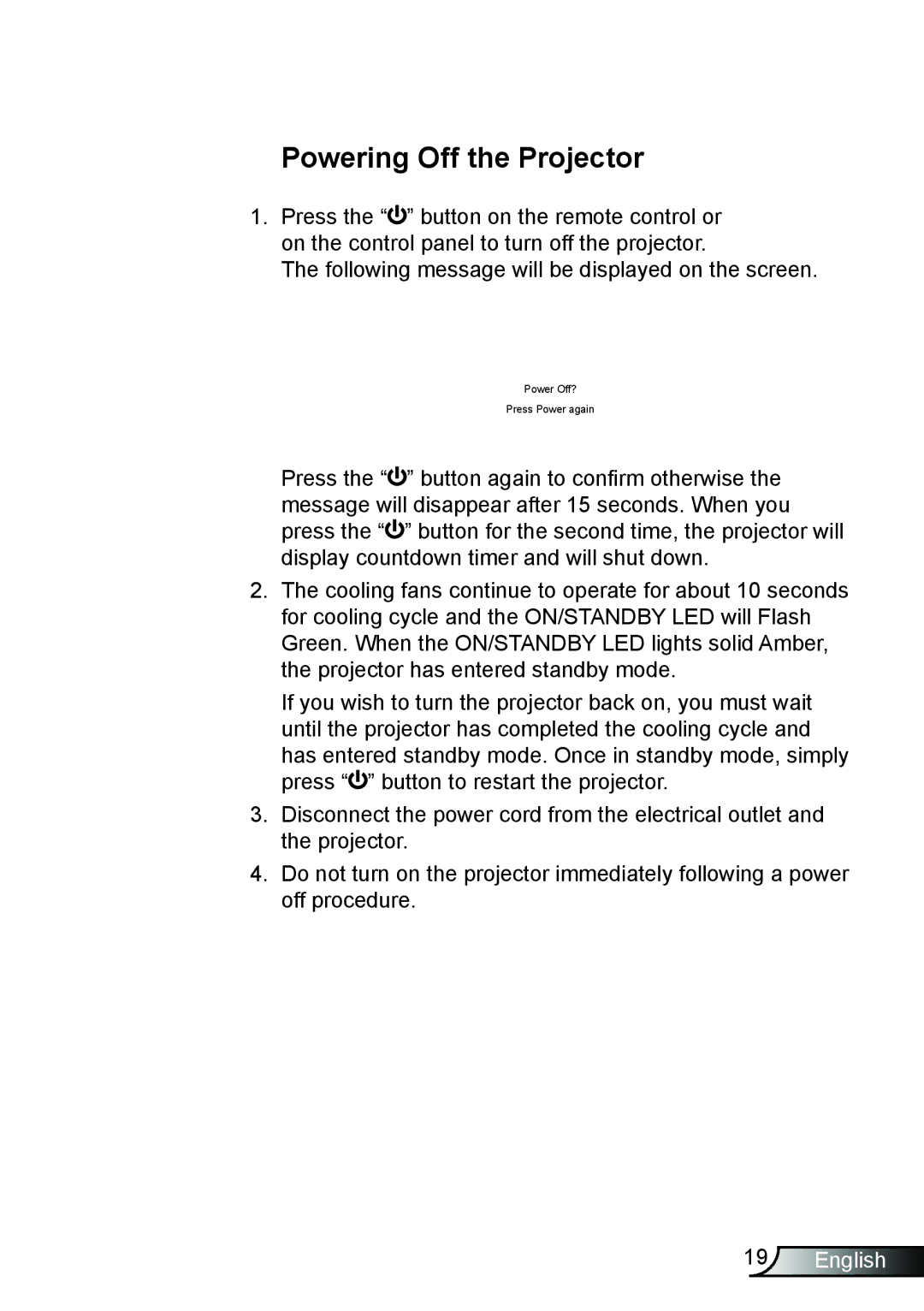 Optoma Technology HD25LV manual Powering off the projector 