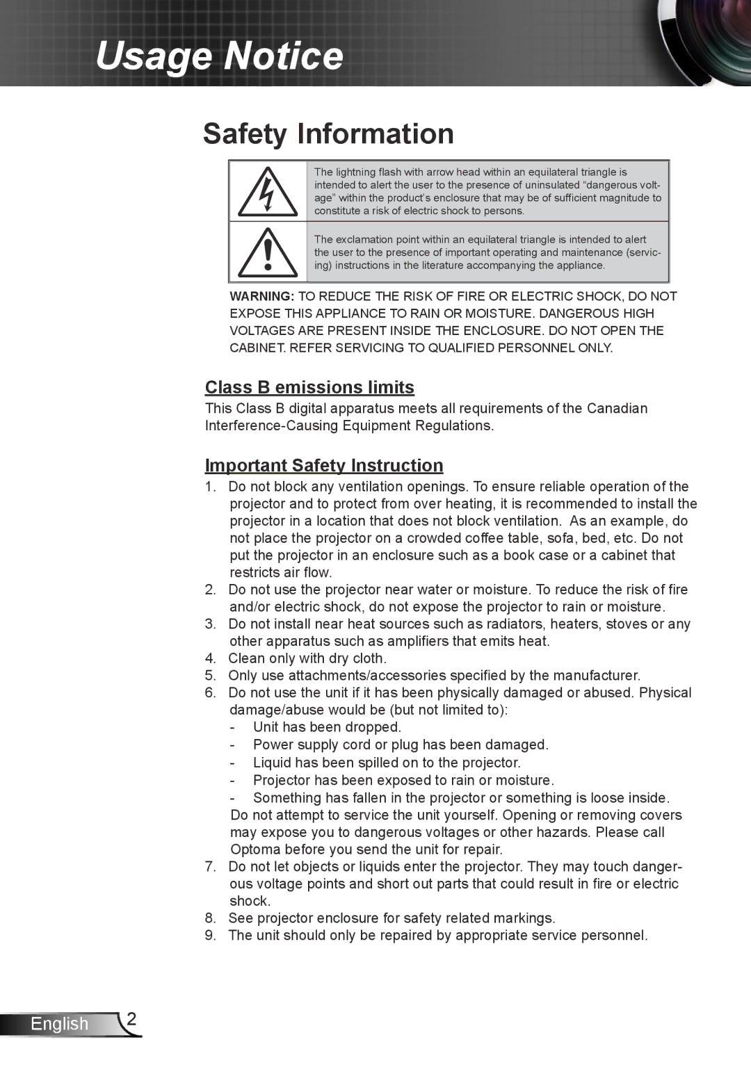 Optoma Technology HD25LV manual Safety Information, Class B emissions limits, Important Safety Instruction 