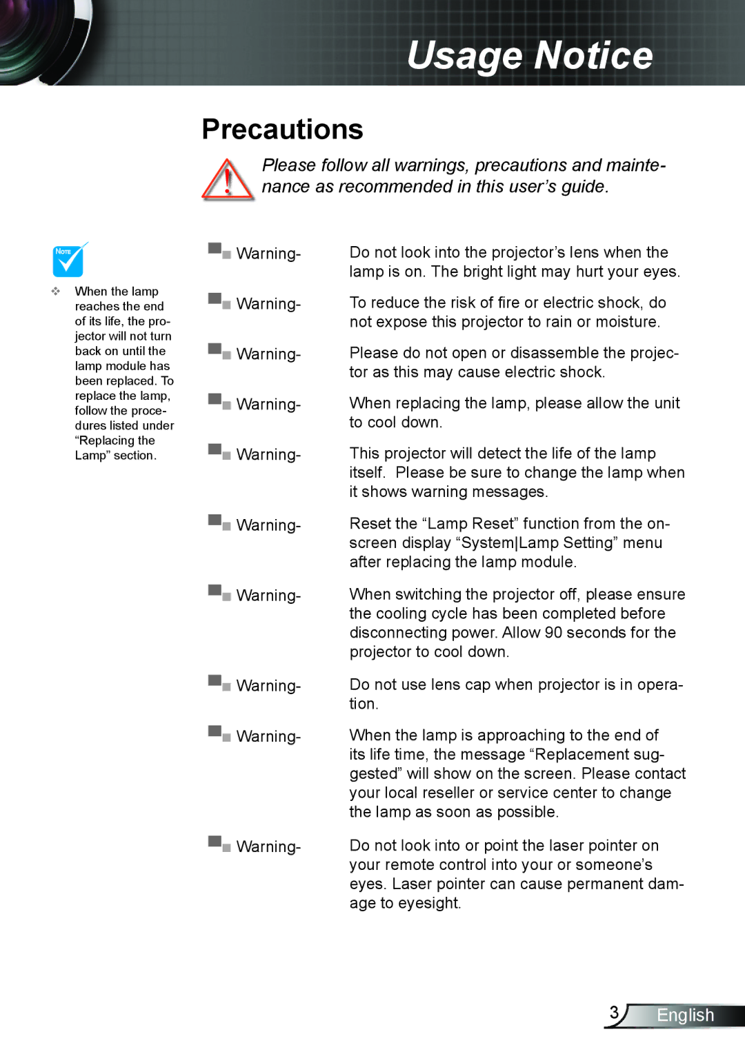 Optoma Technology HD25LV manual Precautions 