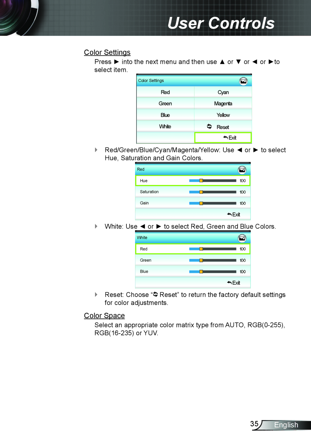 Optoma Technology HD25LV manual Color Settings, Color Space 