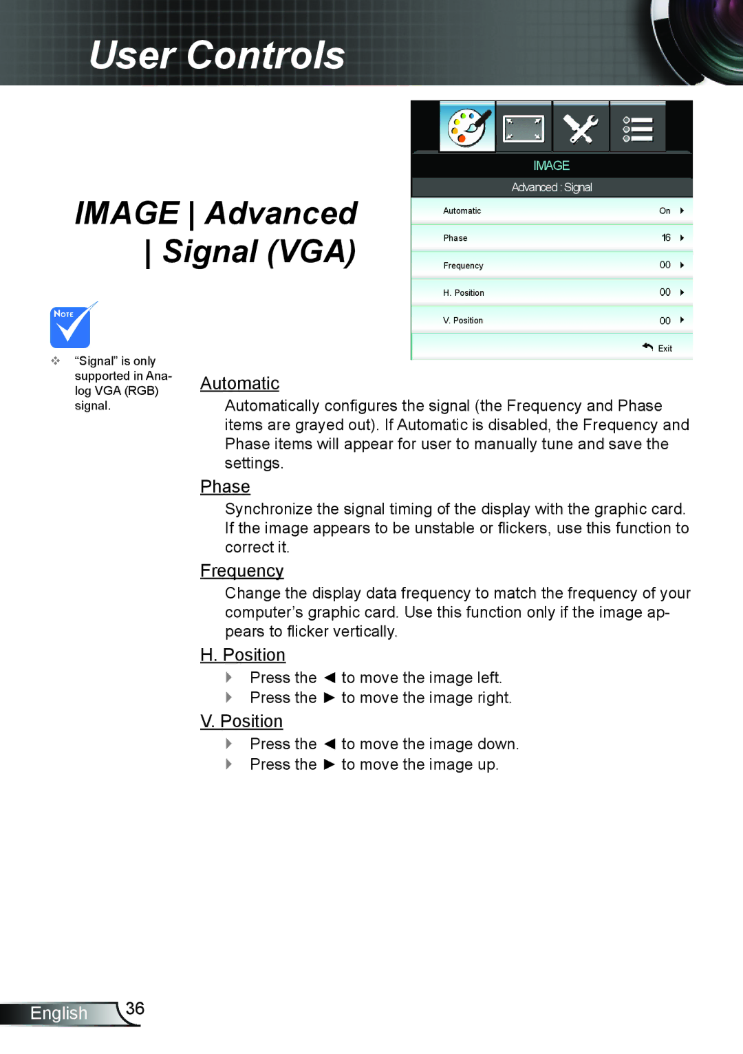 Optoma Technology HD25LV manual Signal VGA, Automatic, Phase, Frequency, Position 