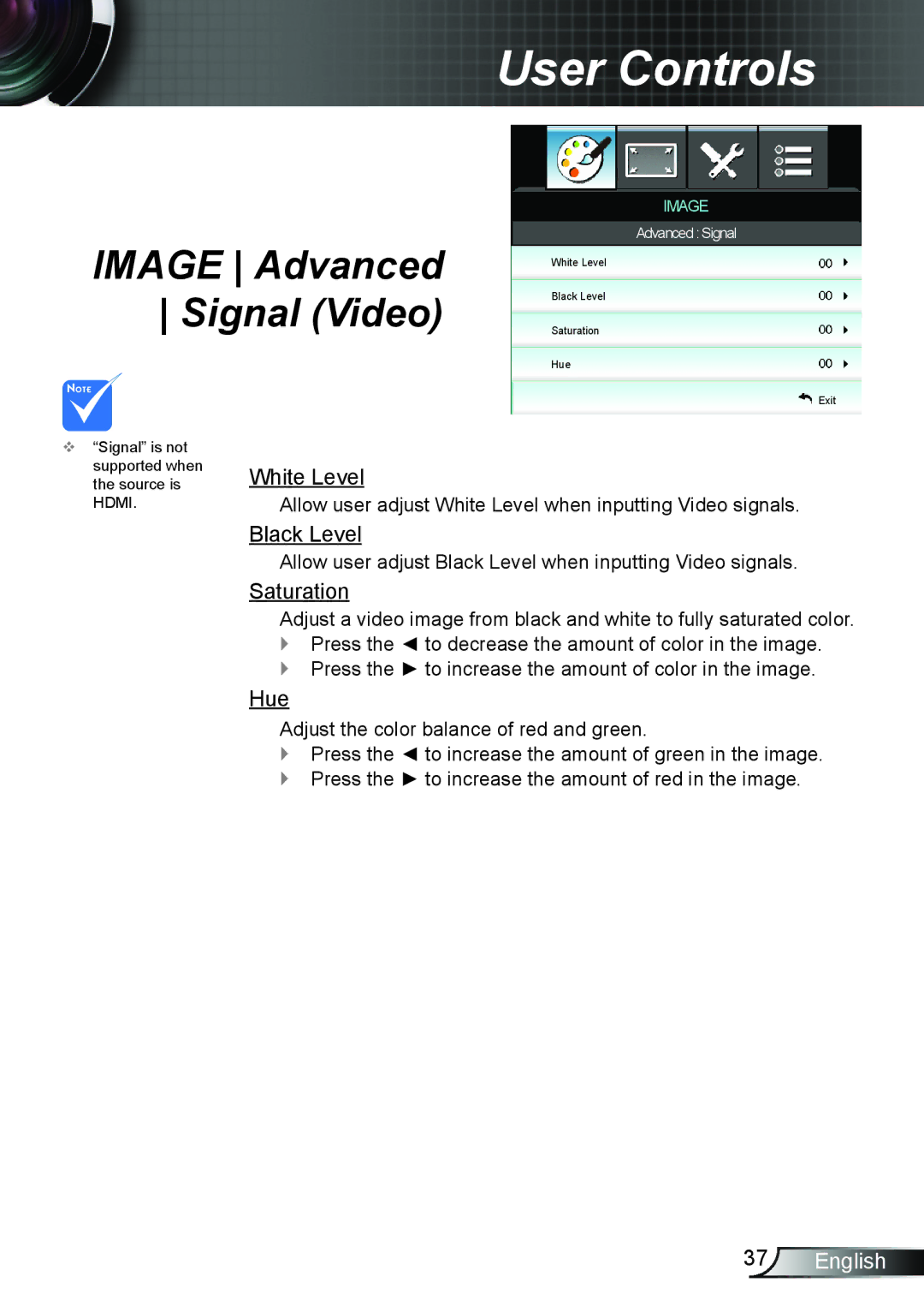 Optoma Technology HD25LV manual Image Advanced Signal Video, White Level, Black Level, Saturation, Hue 