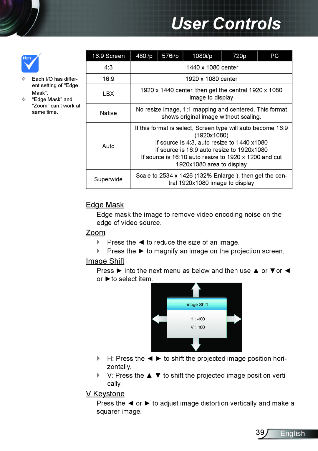 Optoma Technology HD25LV manual Edge Mask, Image Shift, Keystone 