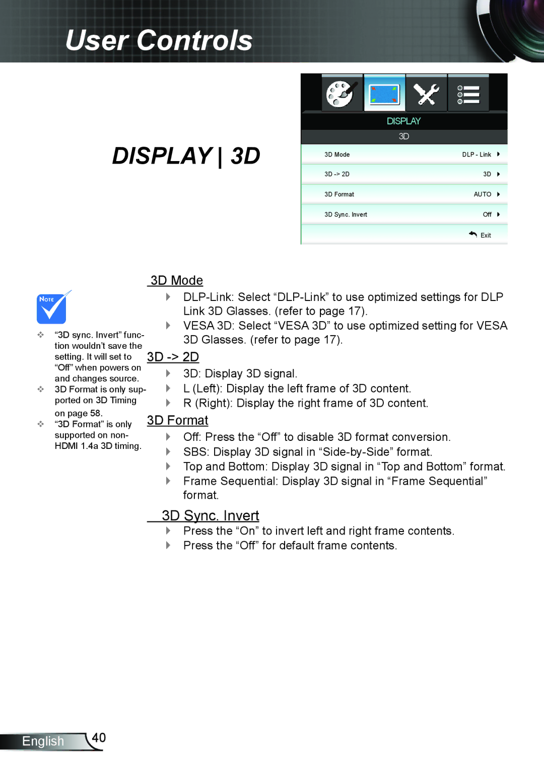 Optoma Technology HD25LV manual 3D Mode, 3D 2D 