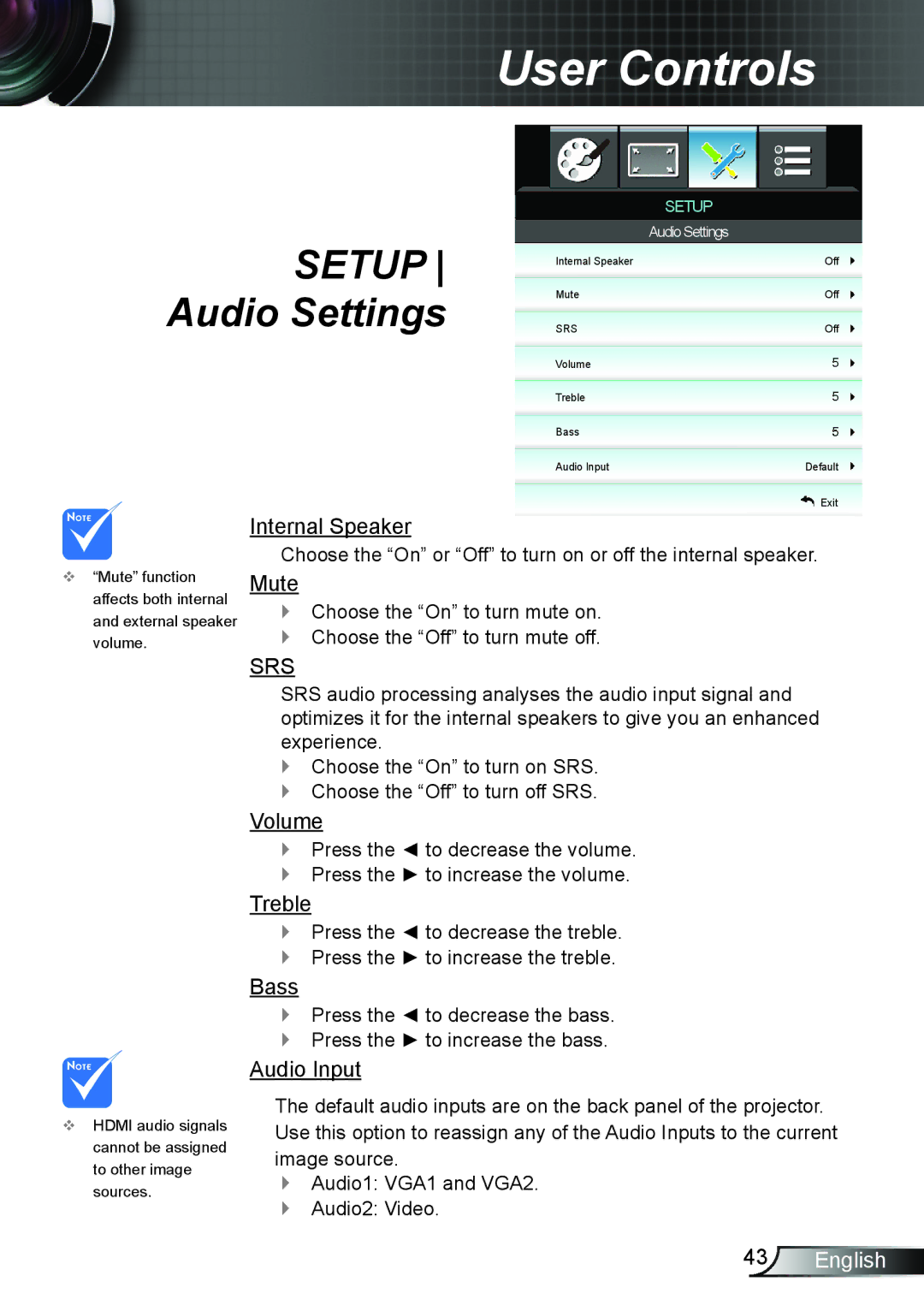 Optoma Technology HD25LV manual Setup Audio Settings 