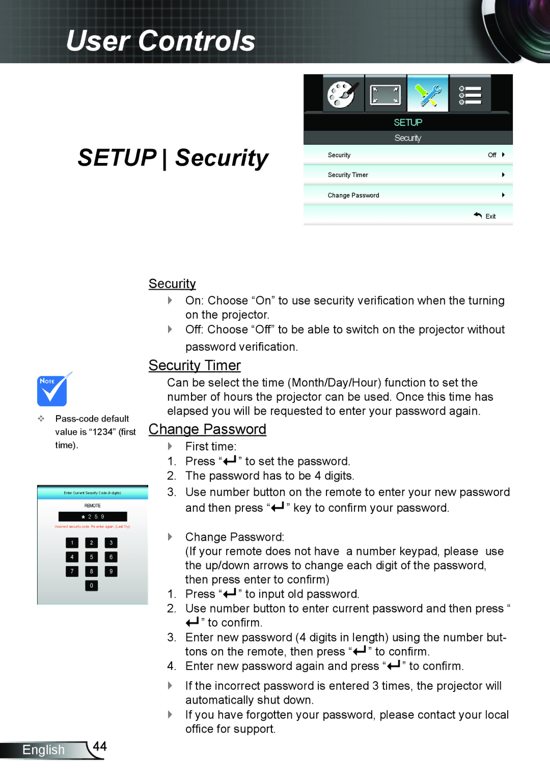 Optoma Technology HD25LV manual Setup Security 