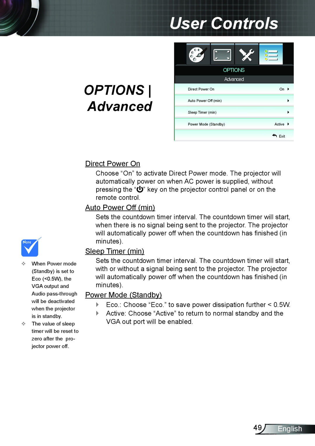 Optoma Technology HD25LV Options Advanced, Direct Power On, Auto Power Off min, Sleep Timer min, Power Mode Standby 