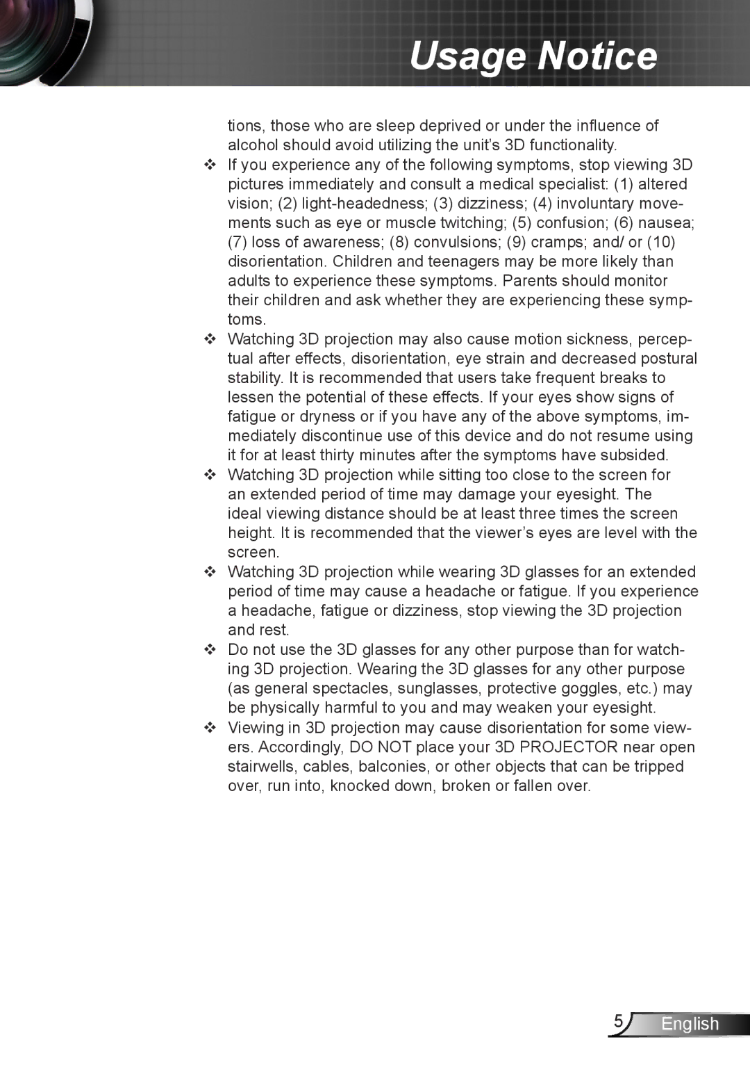 Optoma Technology HD25LV manual Usage Notice 