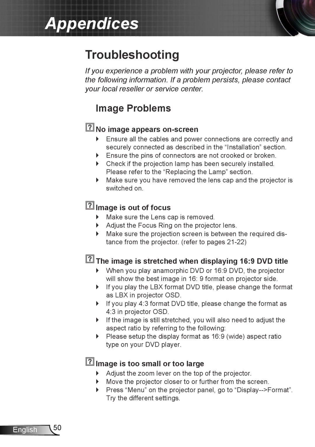 Optoma Technology HD25LV manual Troubleshooting, Image Problems 