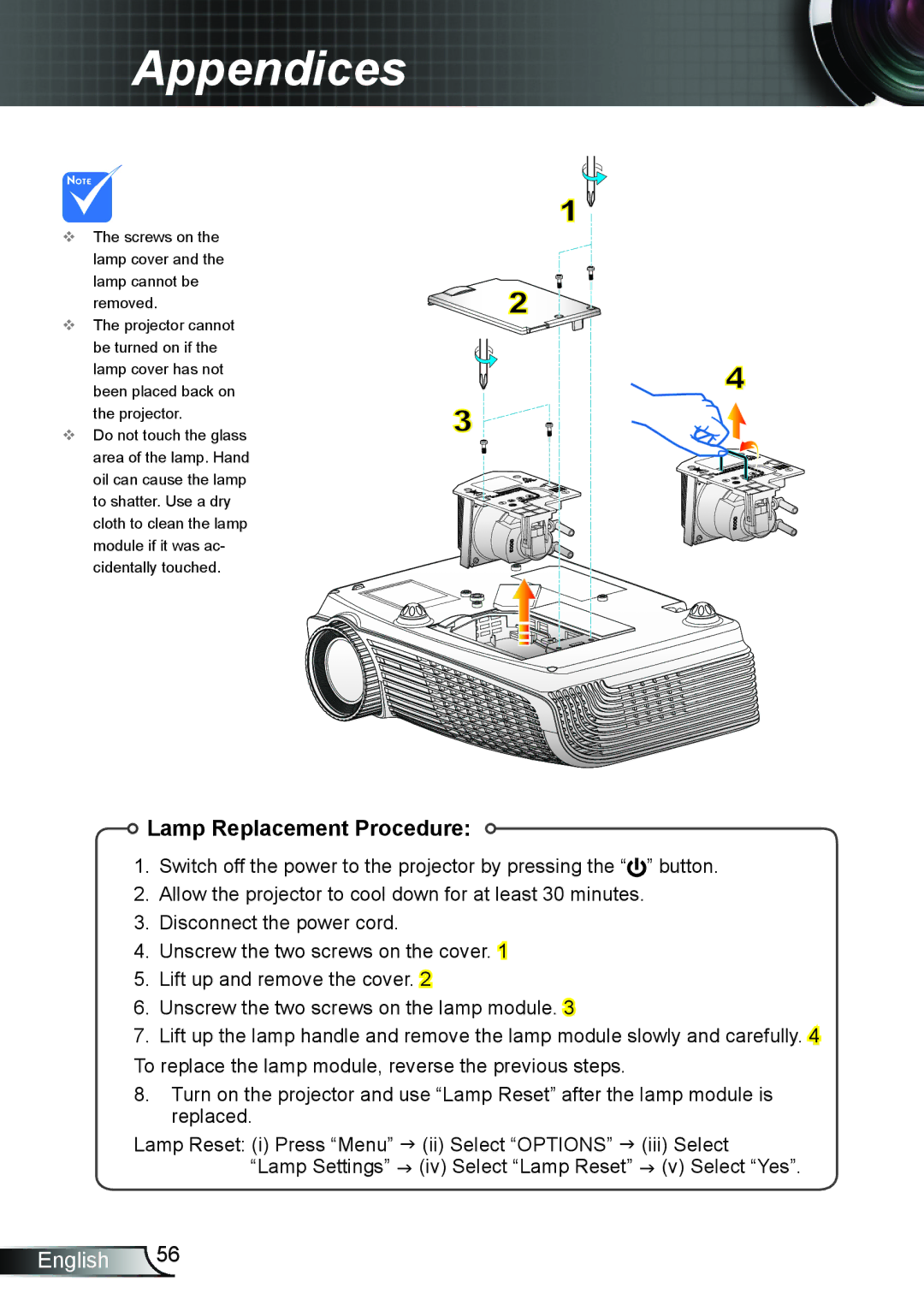 Optoma Technology HD25LV manual Lamp Replacement Procedure 